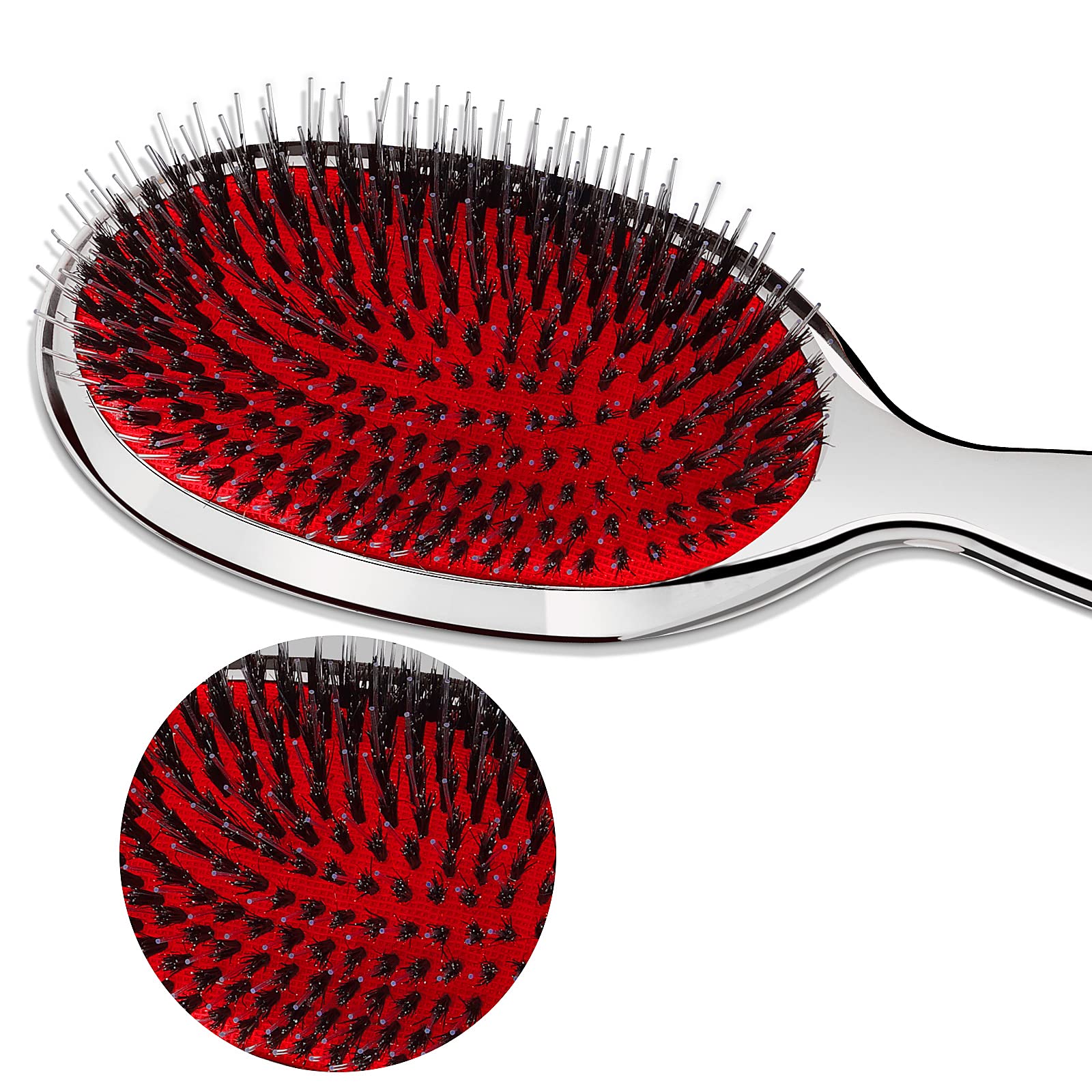 Sibba Anti-Static Hair Brush - Professional Detangling Paddle Brush with Natural Bristles & Cushion Base for Long, Thick, Wavy Hair - Massage Scalp & Smooth Extensions (Silver) | Perfect for Daily Styling, Salon Use & Travel
