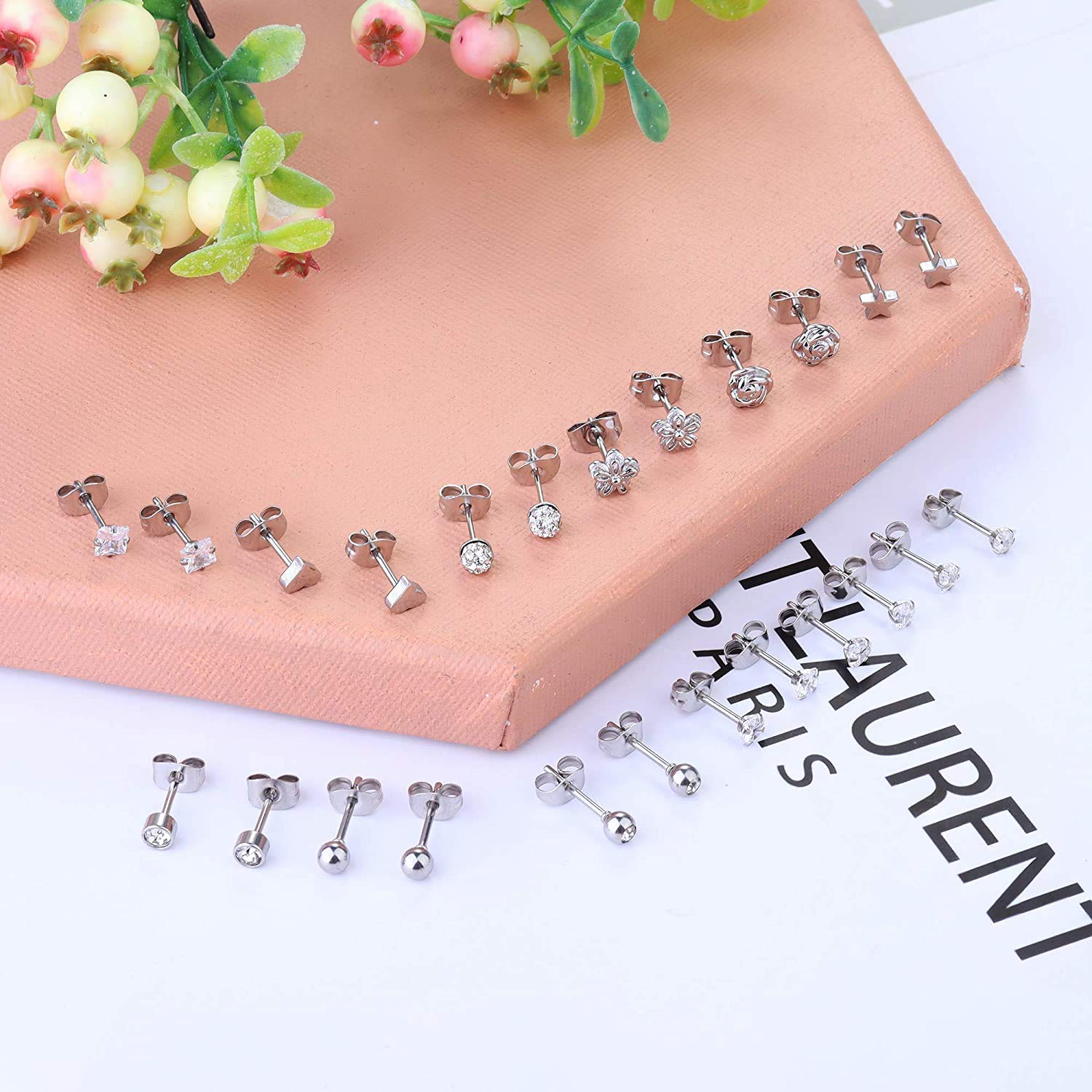 12 Pairs Dainty Surgical Steel Earrings for Women - CZ Flower Heart Star Ball Studs Set, Tragus & Cartilage Earrings | Perfect for Everyday Wear, Gifts & Special Occasions