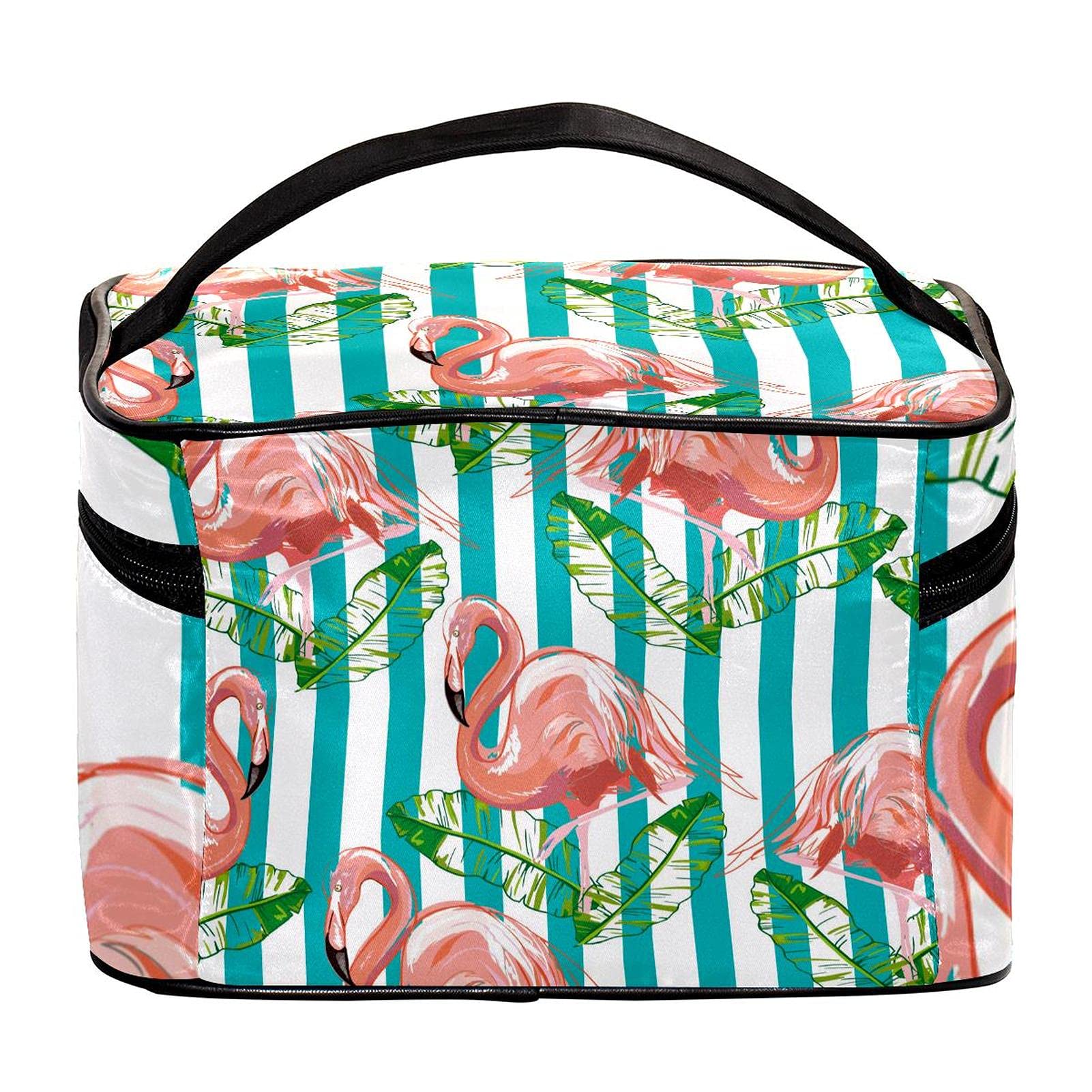 Flamingo Green Leaf & Stripes Large Travel Makeup Bag - Waterproof Cosmetic Organizer Case with Zipper for Women & Girls | Perfect for Vacation, Gym, Beach & Daily Essentials Storage