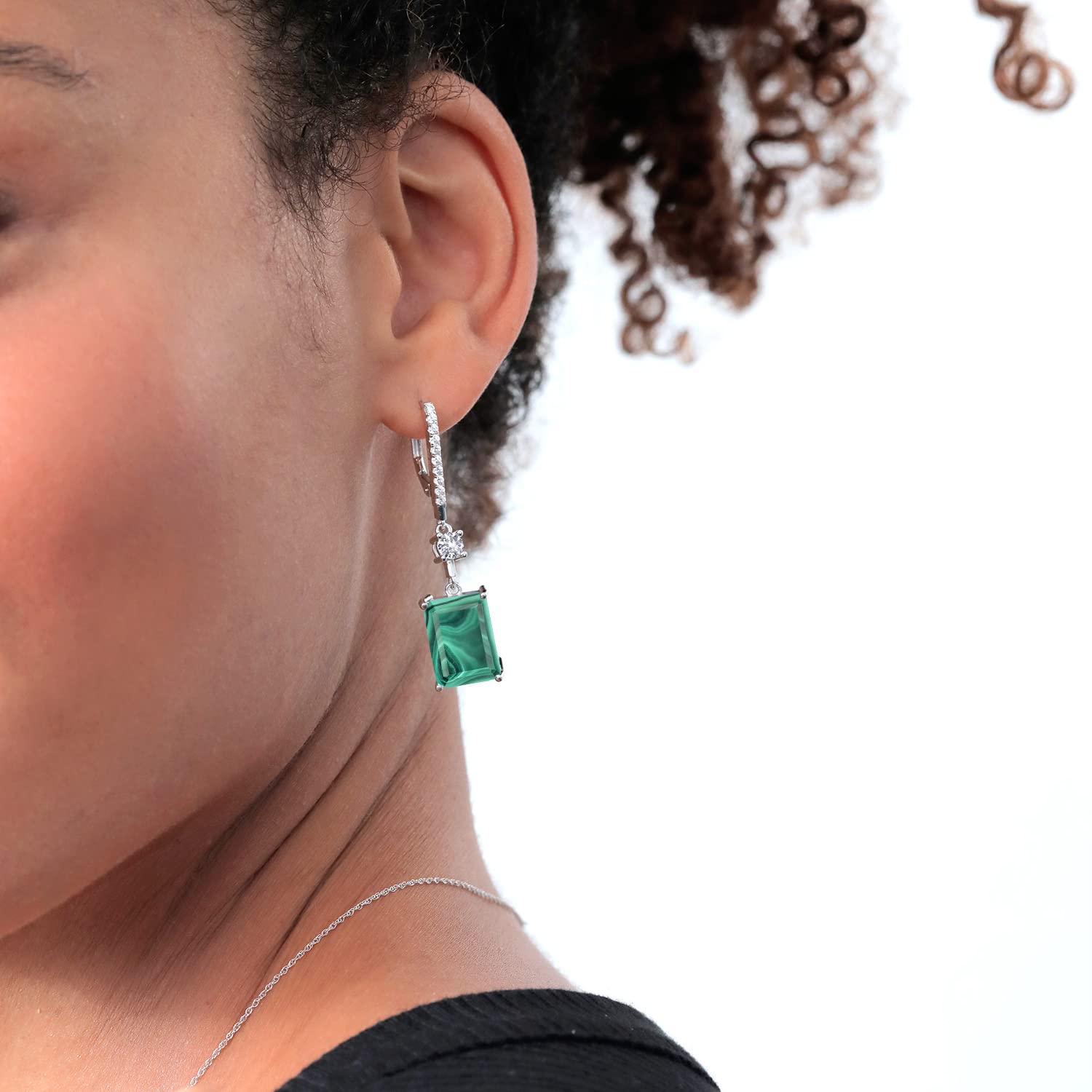 20.80 Ct Green Malachite & White Created Sapphire Sterling Silver Earrings - Gem Stone King | Elegant Dangle Earrings for Women, Perfect for Weddings, Parties & Special Occasions