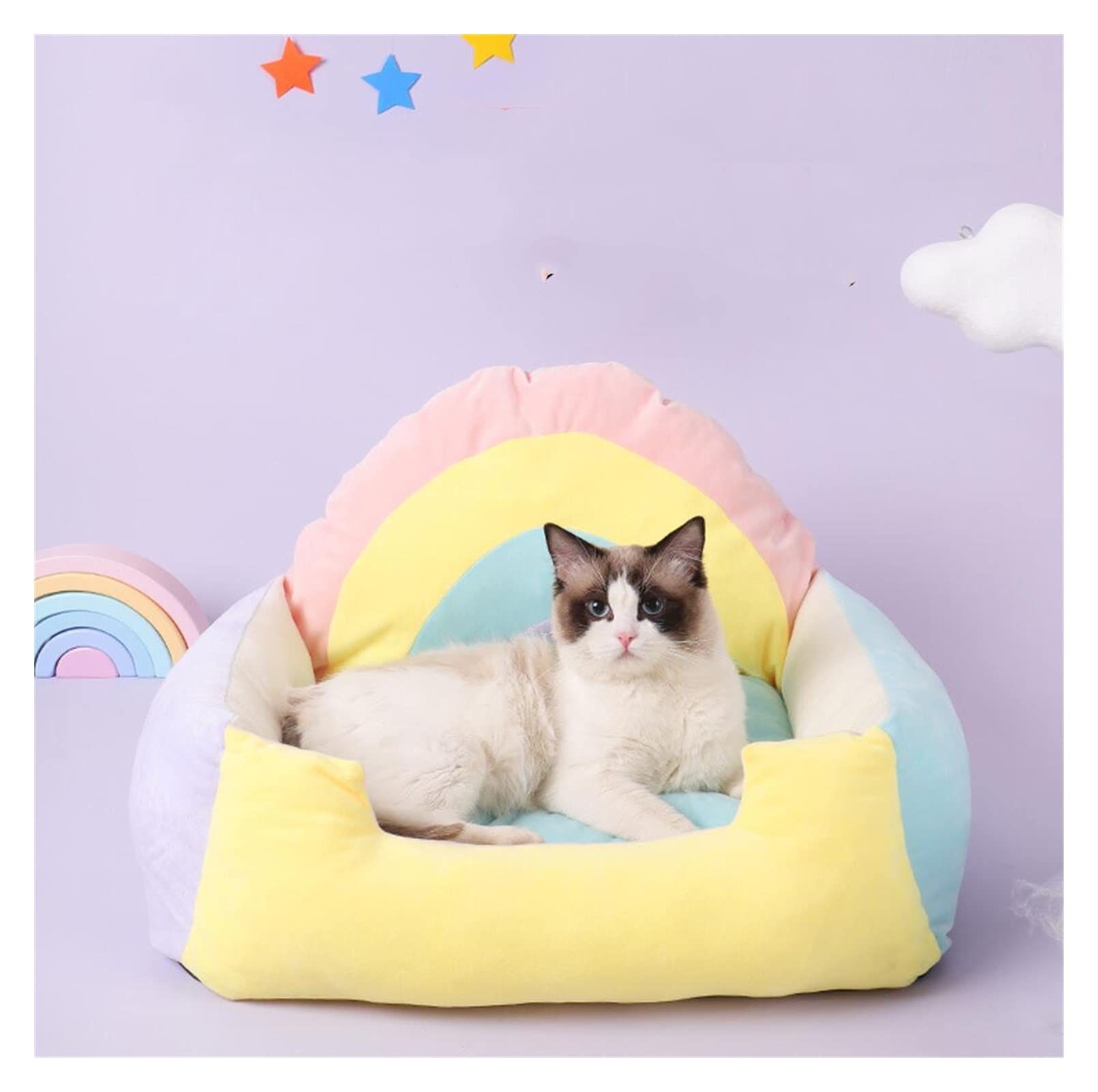 Soft Plush Pet Bed for Dogs & Cats - Warm Enclosed Cat Nest & Dog Sleeping Mat with Cushion - Rainbow Color Pet Pad for Winter Comfort - Cozy Sofa Style Pet House (Perfect for Indoor Lounging & Nap Time)