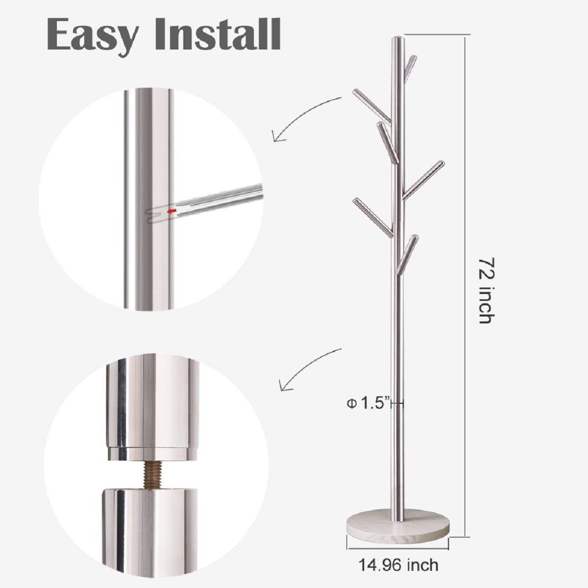 Jolitac Premium Metal Coat Rack Stand - Satin Steel Finish with Marble Base, Sturdy Free-Standing Hat & Coat Hanger with Multiple Hooks for Bedroom, Entryway, or Closet - Easy Assembly & Space-Saving Design (Satin Steel)