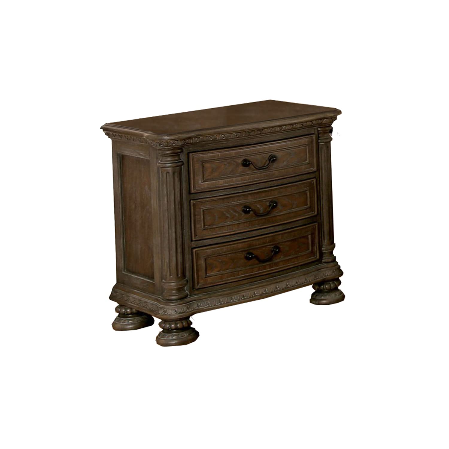 Benjara Brown Wooden Nightstand with 3 Drawers & Intricate Carvings - Rustic Bedroom Side Table for Bedside Storage & Home Decor