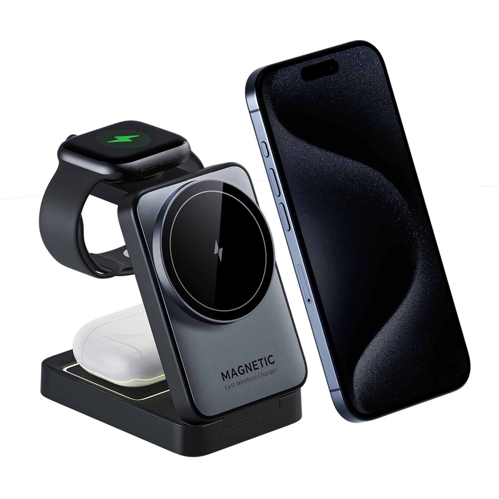 2024 Upgraded 3-in-1 Magnetic Wireless Charging Station - Foldable Travel Charger with Night Light for iPhone 16/15/14/13/12, Apple Watch & AirPods | Magsafe Compatible | Perfect for Bedside, Office & Travel Use