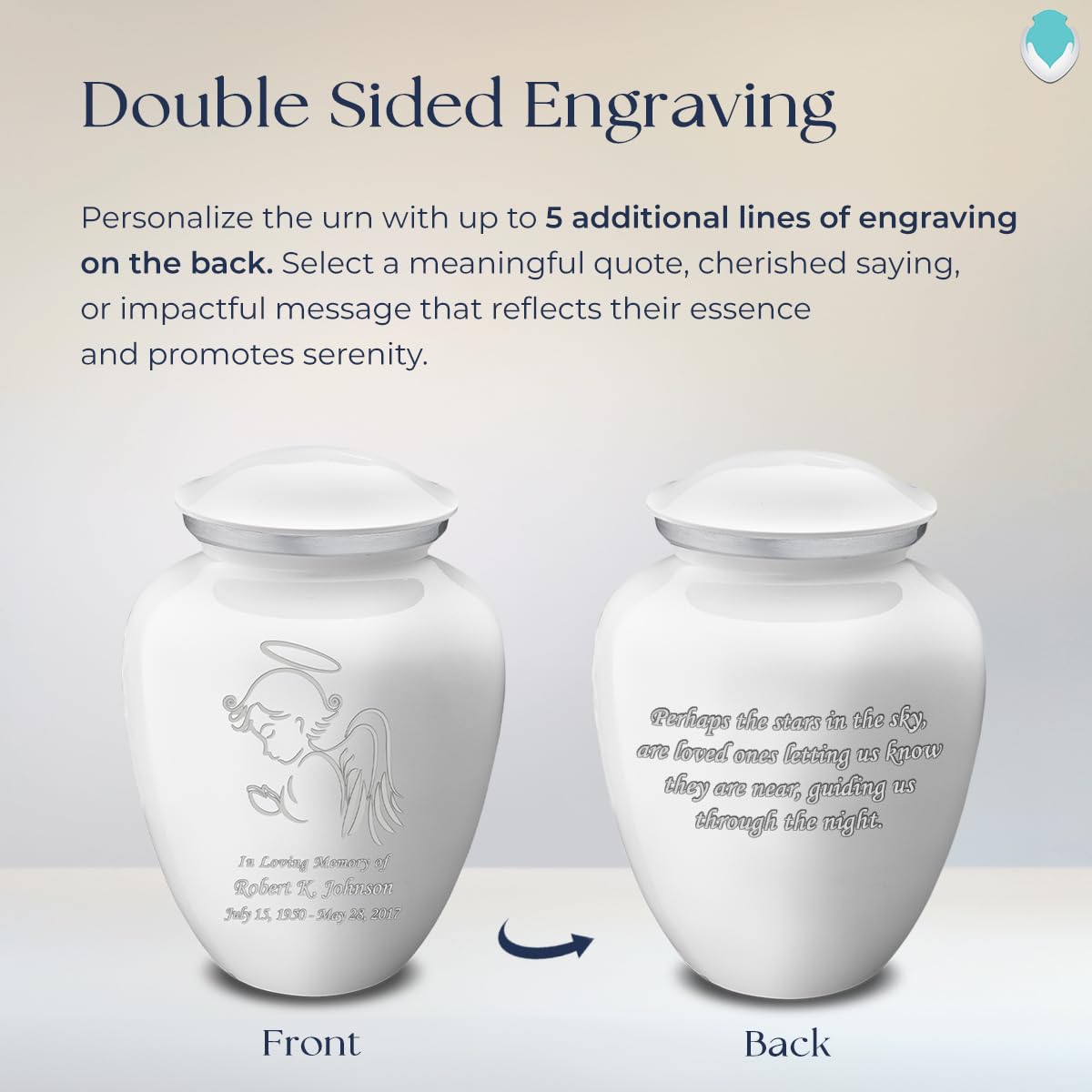 Personalized Angel Cremation Urn for Human Ashes - Large White Funeral Urn for Adults with Double Side Engraving (Holds 200 lbs) - Perfect for Memorial Services & Home Display