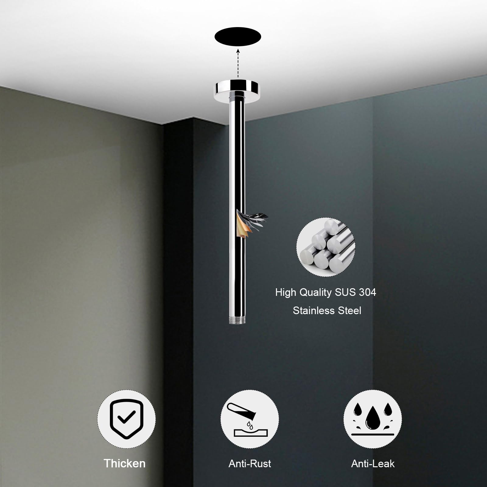 HarJue 12 Inch Stainless Steel Ceiling Mount Shower Arm Extension - Chrome Rain Shower Head Adapter with Flange & Teflon Tape | Perfect for Bathroom Renovation & Modern Fixed Shower Installation