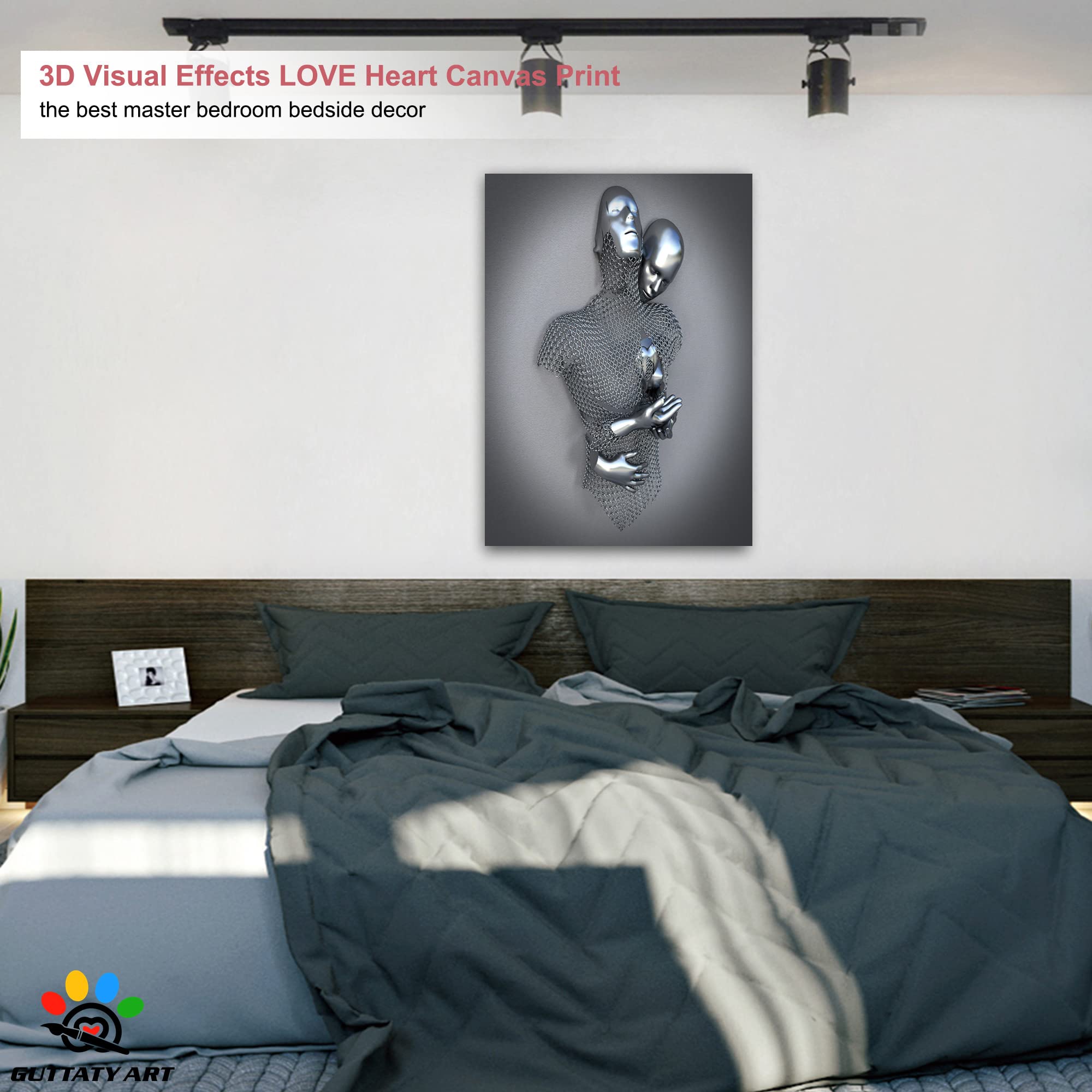 3D Metal Effect Love Heart Gray Wall Art - Romantic Hugging Couple Canvas Painting for Bedroom & Living Room Decor - Valentine's Day Gift for Couples (28x40 Inches) - Perfect for Anniversary, Wedding & Home Interior Design