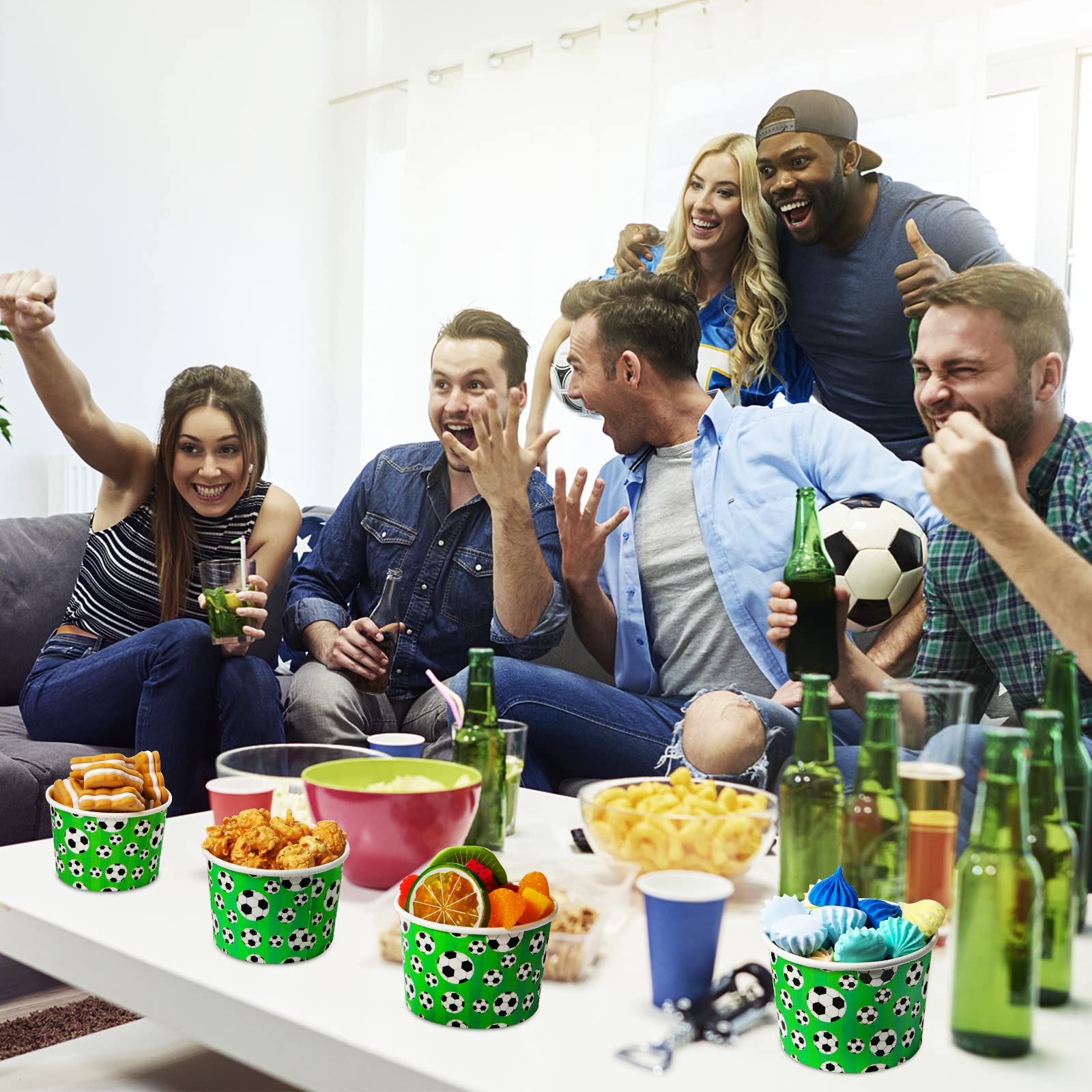 50 Pack 9 oz Disposable Paper Cups - Sports Party Snack Bowls for Ice Cream, Desserts, Soup, Hot & Cold Food - Eco-Friendly & Leak-Proof - Perfect for Birthday Parties, Picnics, BBQs (Soccer Design)
