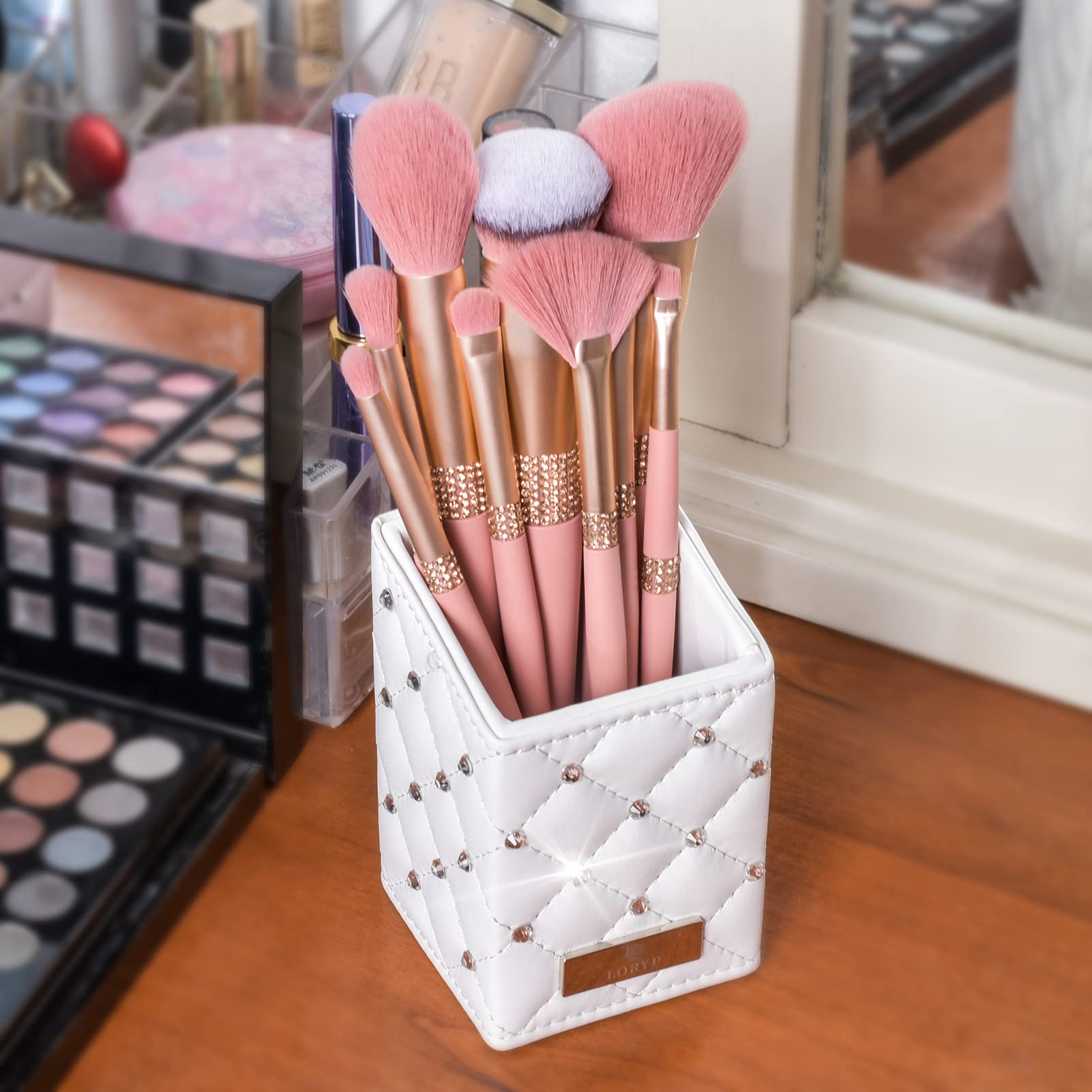 LORYP Crystal Makeup Brush Holder - Rhinestone & PU Cosmetic Brush Organizer - Handmade Vanity Storage for Dresser Countertop (White) | Perfect for Makeup Artists & Beauty Enthusiasts
