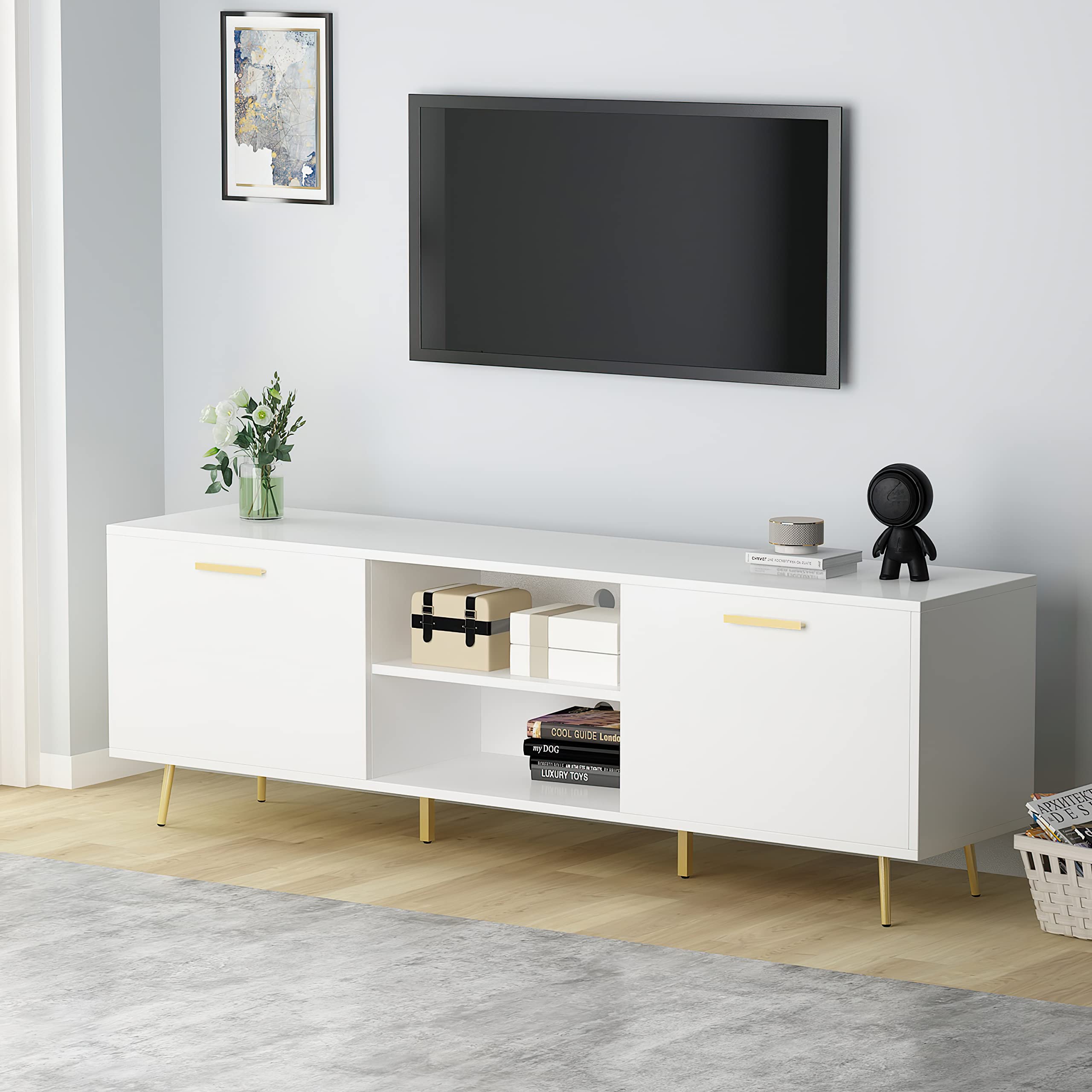 Modern TV Stand for 75 Inch TVs - Entertainment Center with 2 Doors & 2 Open Shelves, Gold Metal Legs TV Console Table - 69