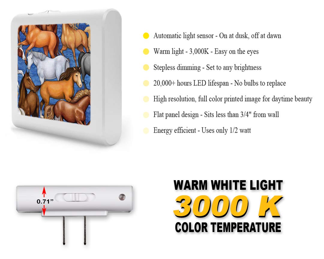 Dimmable LED Night Light with Auto On/Off Sensor - Adjustable Brightness & Warm White Light for Bathroom, Hallway, Nursery & Bedroom - Horse Design by Dan Morris - Perfect for Nighttime Safety & Comfort