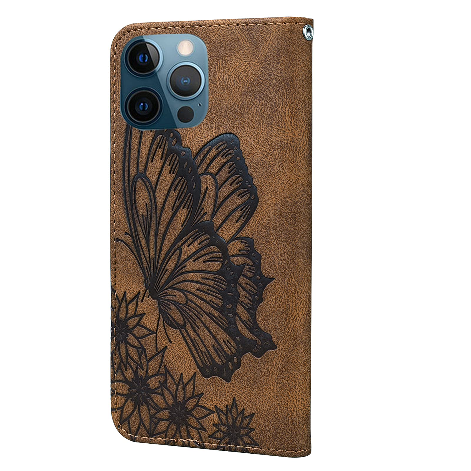 Vintage Embossed Butterfly Leather Wallet Case for iPhone 12 Pro Max - PU Leather Book Style Shockproof Cover (Brown CY3) | Perfect for Daily Use, Travel & Business Protection