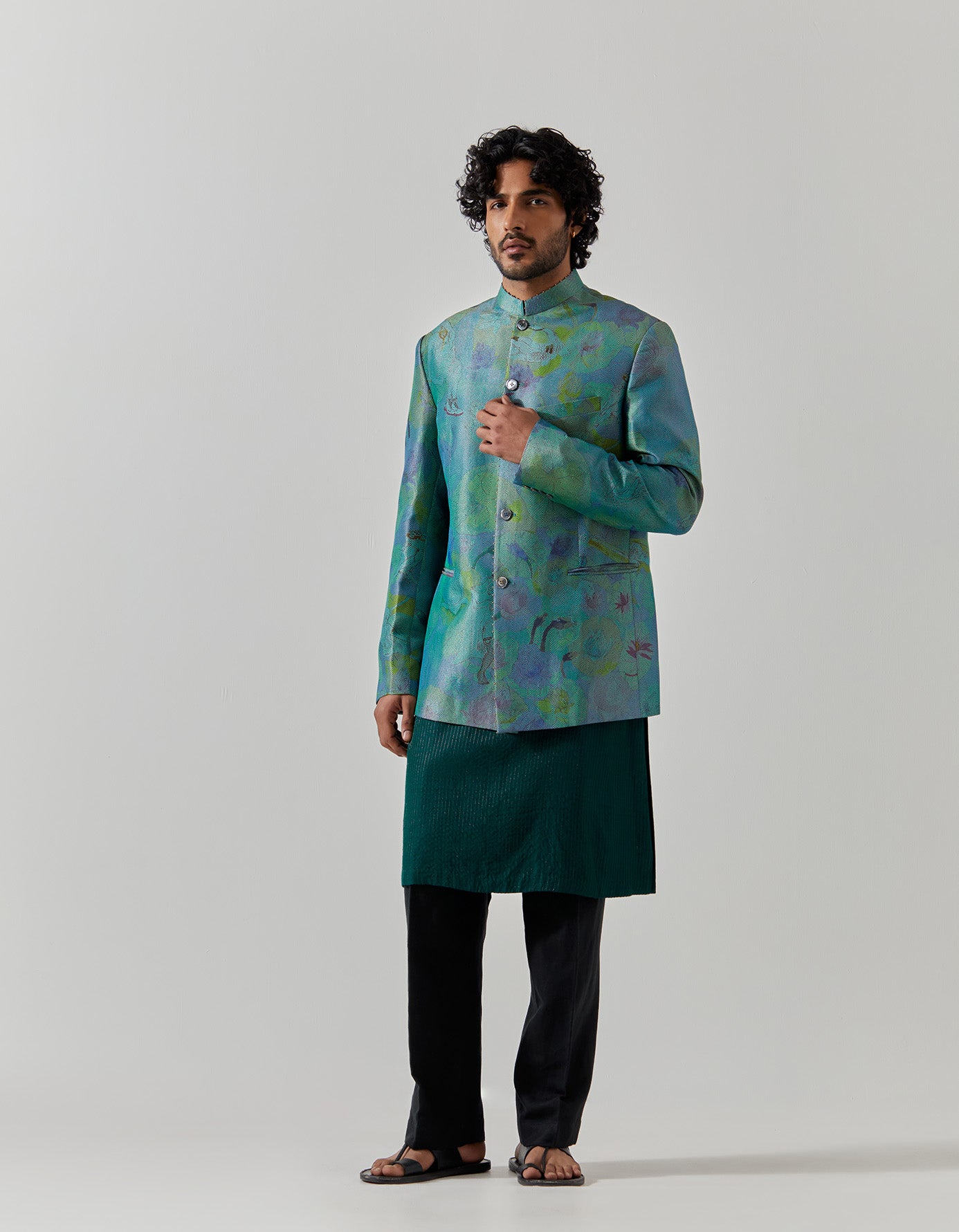 Elegant Bandhgala Silk Brocade Jacket in Aqua Fresco Color - Perfect for Weddings, Parties & Formal Events