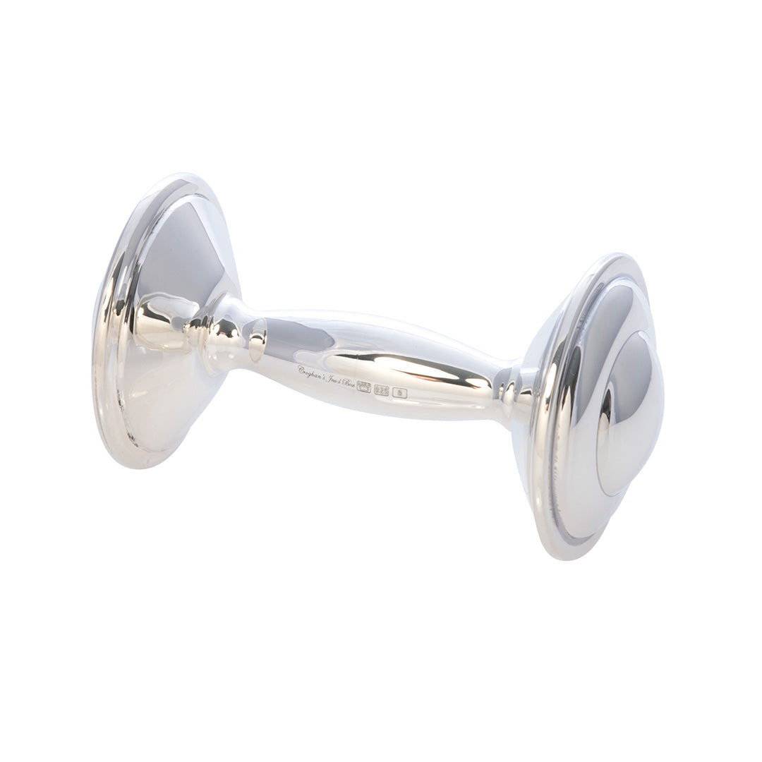 Sterling Silver Dumbbell Baby Rattle - Safe & Durable Teething Toy for Newborns & Infants - Perfect Baby Shower Gift & Early Learning Sensory Toy for Playtime & Nursery Decor