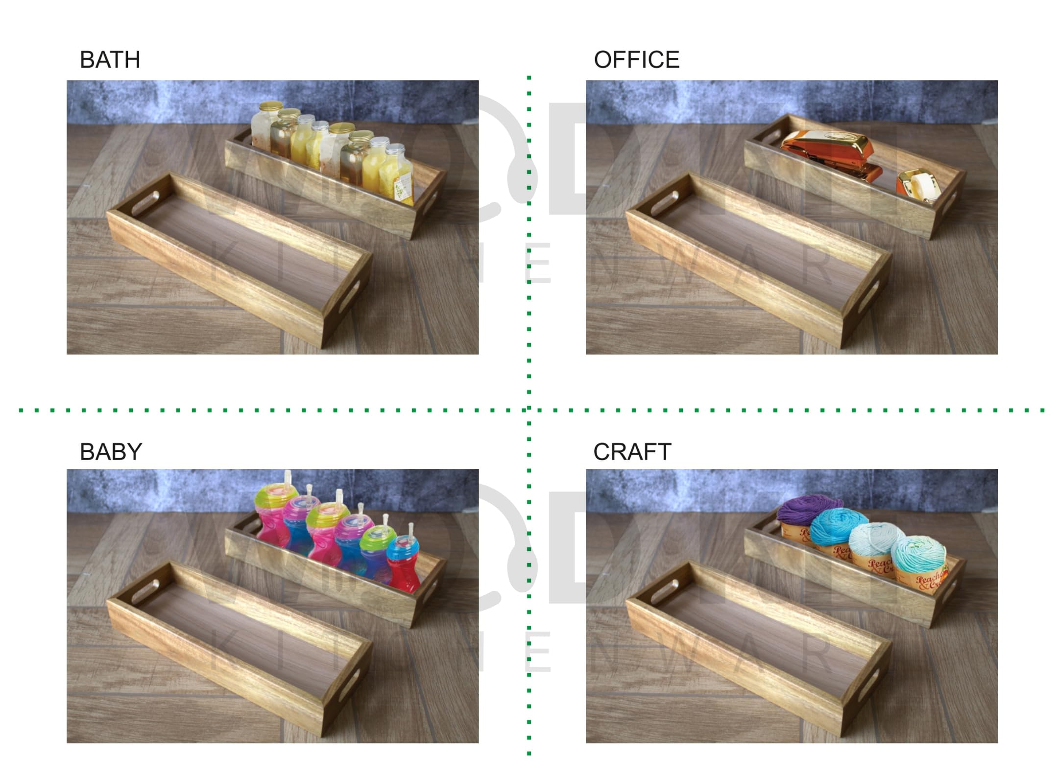 Acacia Wood Organizer Tray Set of 2 - Multipurpose Vanity & Kitchen Storage for Jewelry, Makeup, Utensils, Spices - Eco-Friendly Home & Office Desk Decor - Perfect for Bathroom Countertops, Dresser Tops, and Kitchen Counter Organization