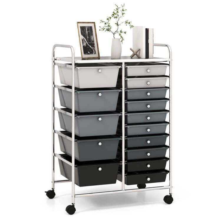 RELAX4LIFE 15-Drawer Rolling Storage Cart with Wheels - Mobile Utility Organizer for Crafts, Classroom, Office & Home - Gradient Grey | Perfect for School Supplies, Art Materials & Home Organization