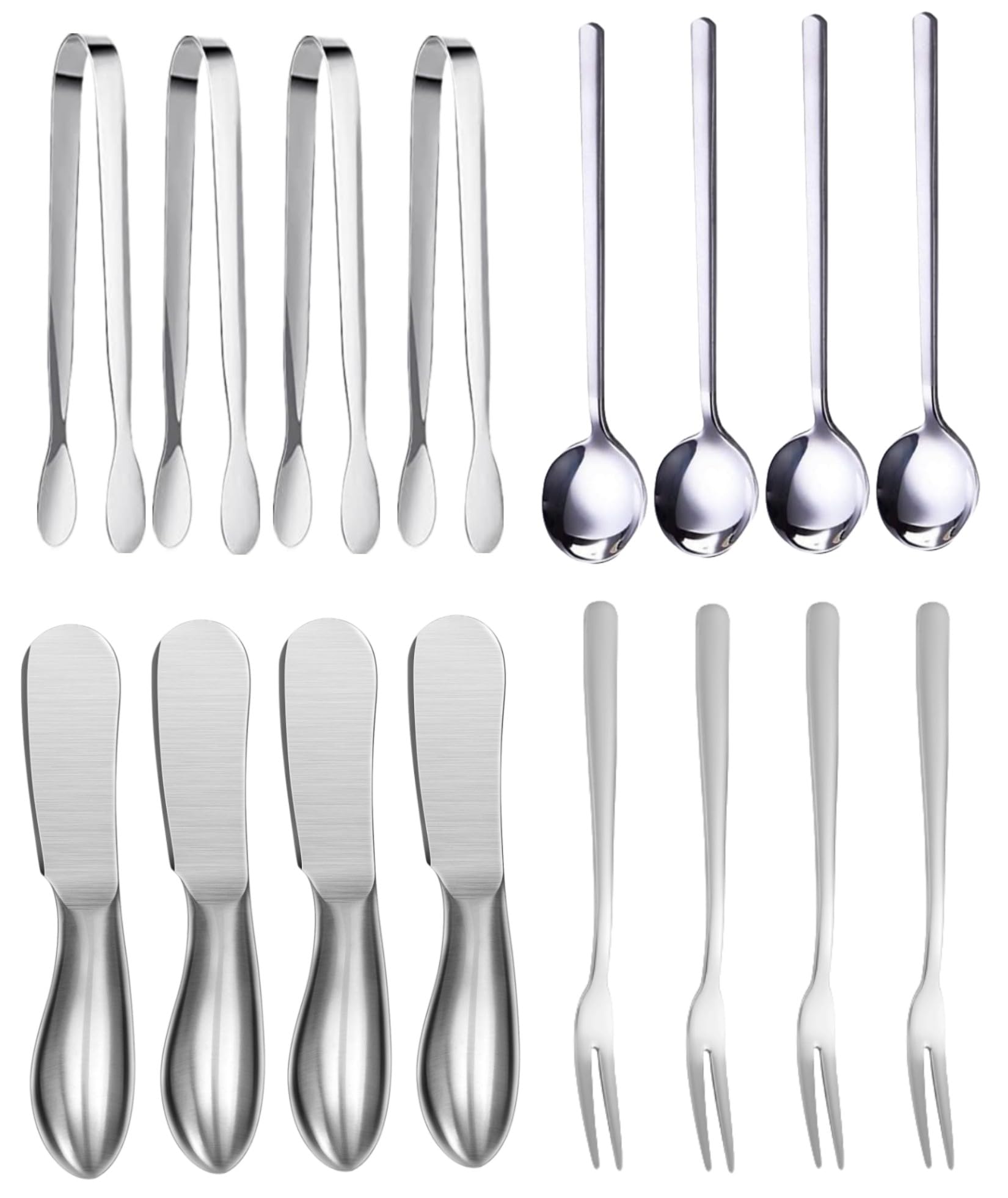 16-Piece Stainless Steel Cheese & Butter Spreader Knife Set - Mini Serving Utensils for Charcuterie Boards (Includes Tongs, Spoons & Forks) - Perfect for Cheese Platters, Pastries, Parties & Entertaining