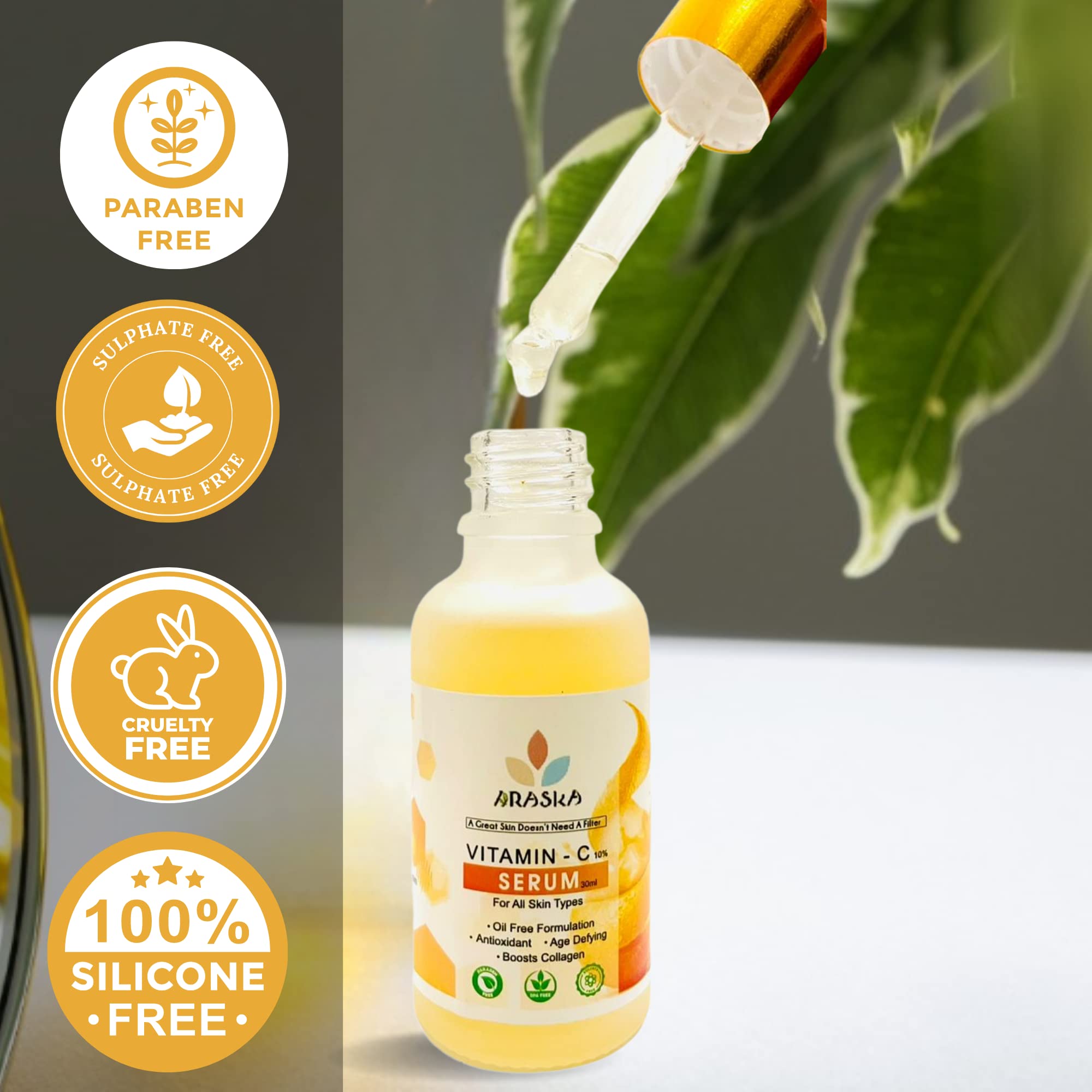 Araska 10% Vitamin C Face Serum for Brightening & Glowing Skin | Pure Ethyl Ascorbic Acid Serum to Reduce Hyperpigmentation & Dark Spots | Anti-Aging Facial Treatment for Dull Skin | 30ml | Perfect for Morning Skincare Routine & Night Repair