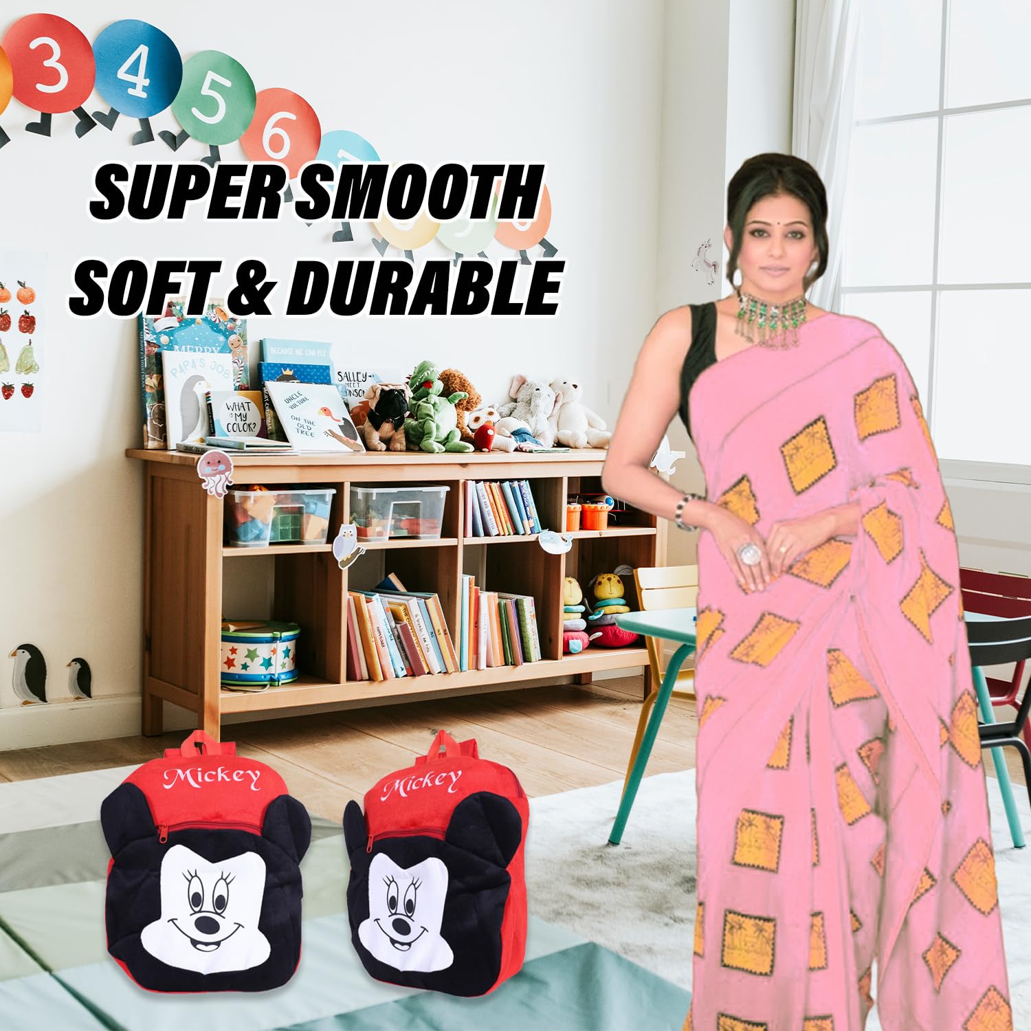 Disney Mickey Mouse Velvet Backpack for Kids - 2 Compartment School Bag with Adjustable Straps (Red & Black) | Perfect for School, Travel & Daily Use