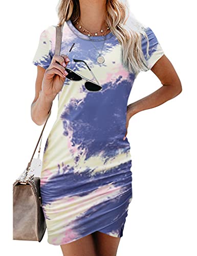Women's Summer Casual Short Sleeve Bodycon Mini Dress - Stretchy Ruched Crew Neck Tulip Hem T-Shirt Dress for Party, Beach & Date Night