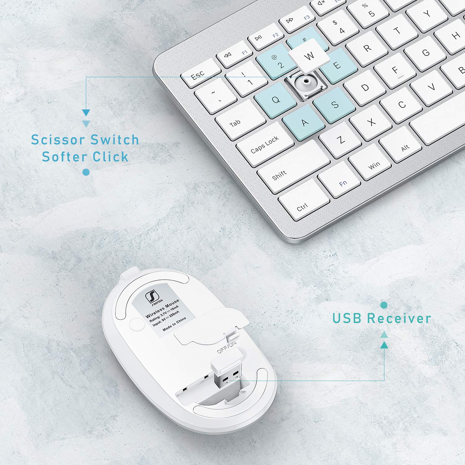 Seenda Rechargeable Wireless Keyboard and Mouse Combo - Full Size Cordless Keyboard with Built-in Lithium Battery, Ultra Thin Quiet Design - Silver & White for Office, Home, Gaming, and Remote Work
