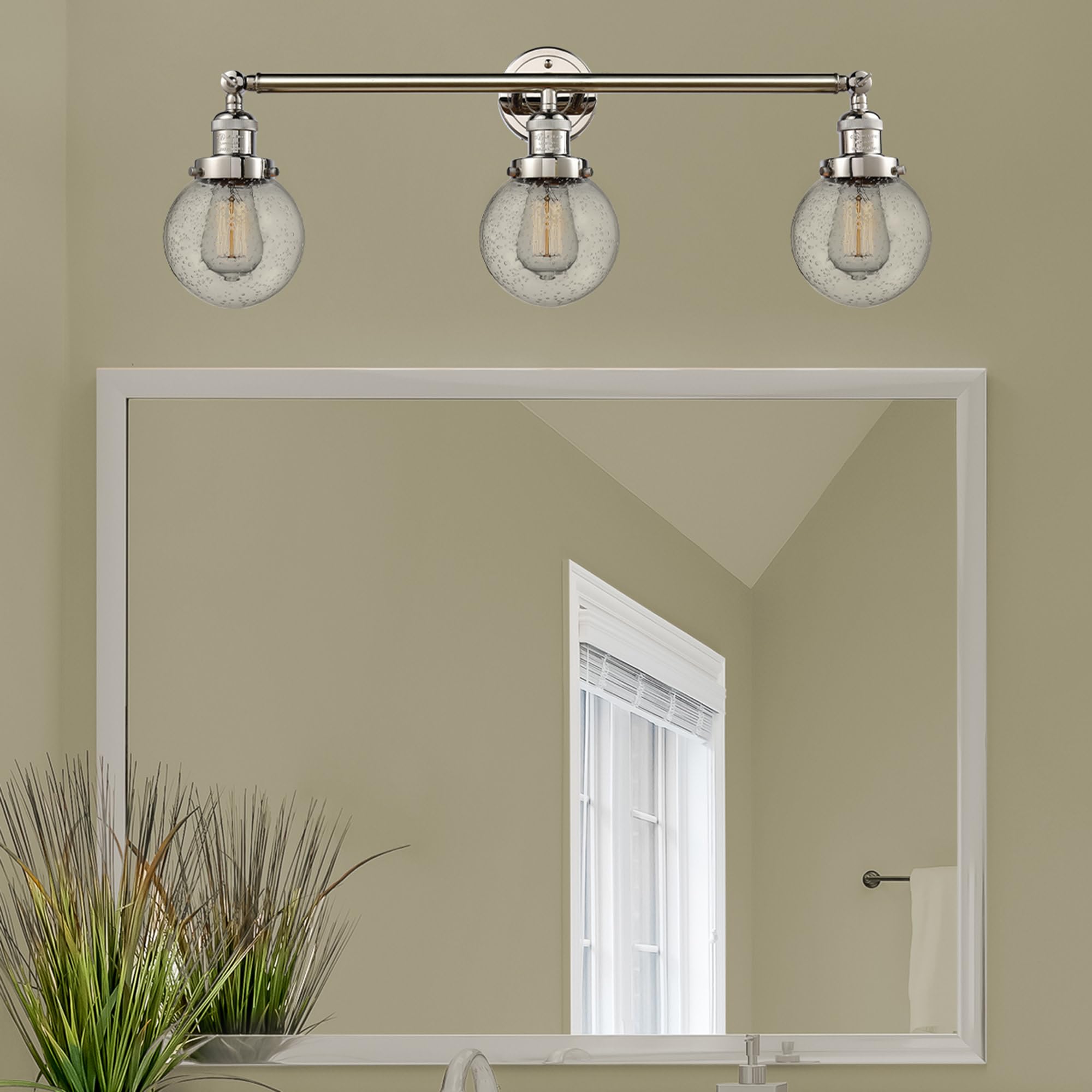 205-SN-G201-6 Beacon 3 Light Bathroom Vanity Light Fixture in Brushed Satin Nickel Finish - Perfect for Modern Bathroom, Powder Room, and Dressing Area Lighting