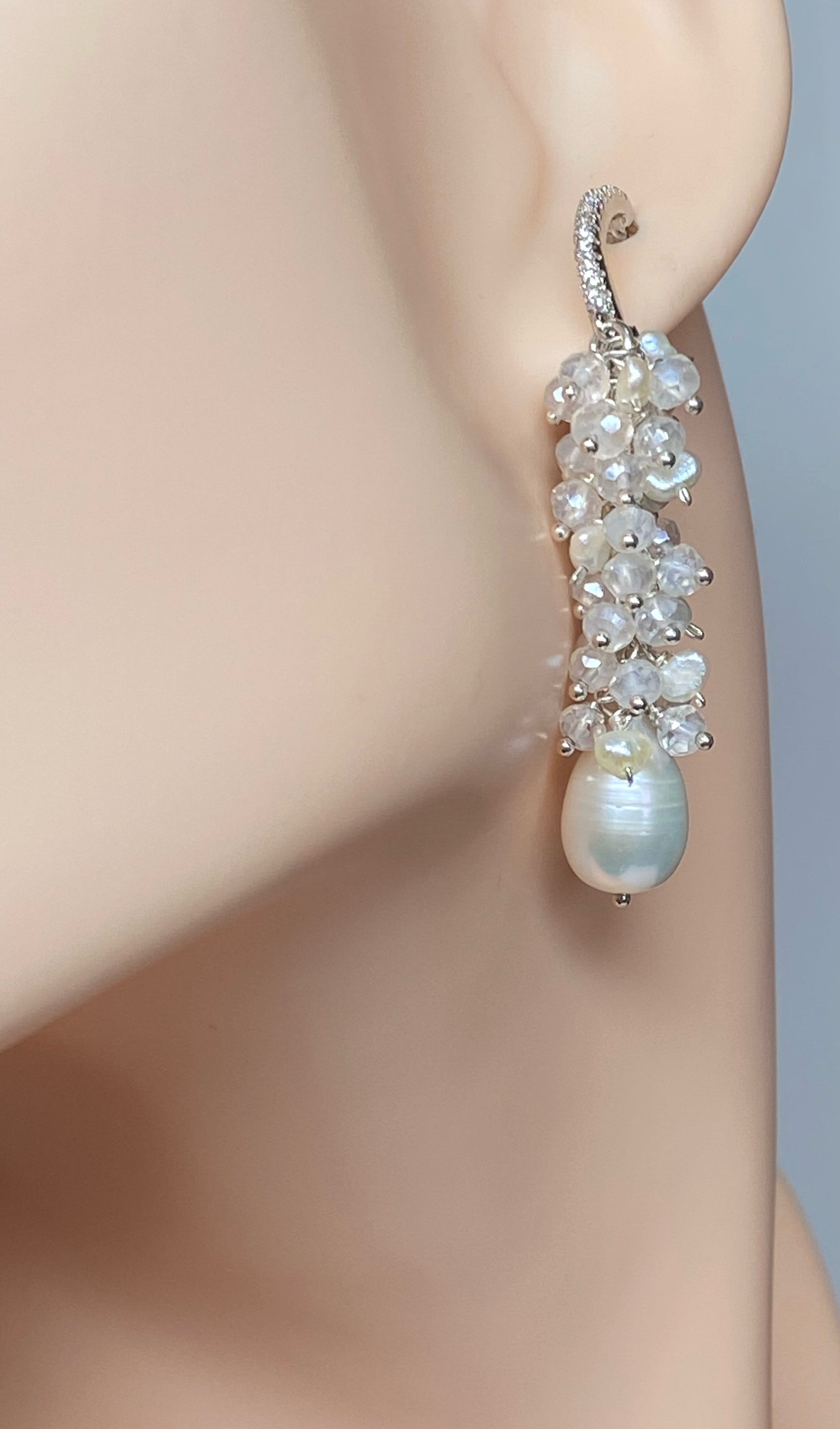 Elegant Long Mystic Quartz & Pearl Dangle Earrings with Diamond Accents - Perfect for Weddings, Parties & Special Occasions