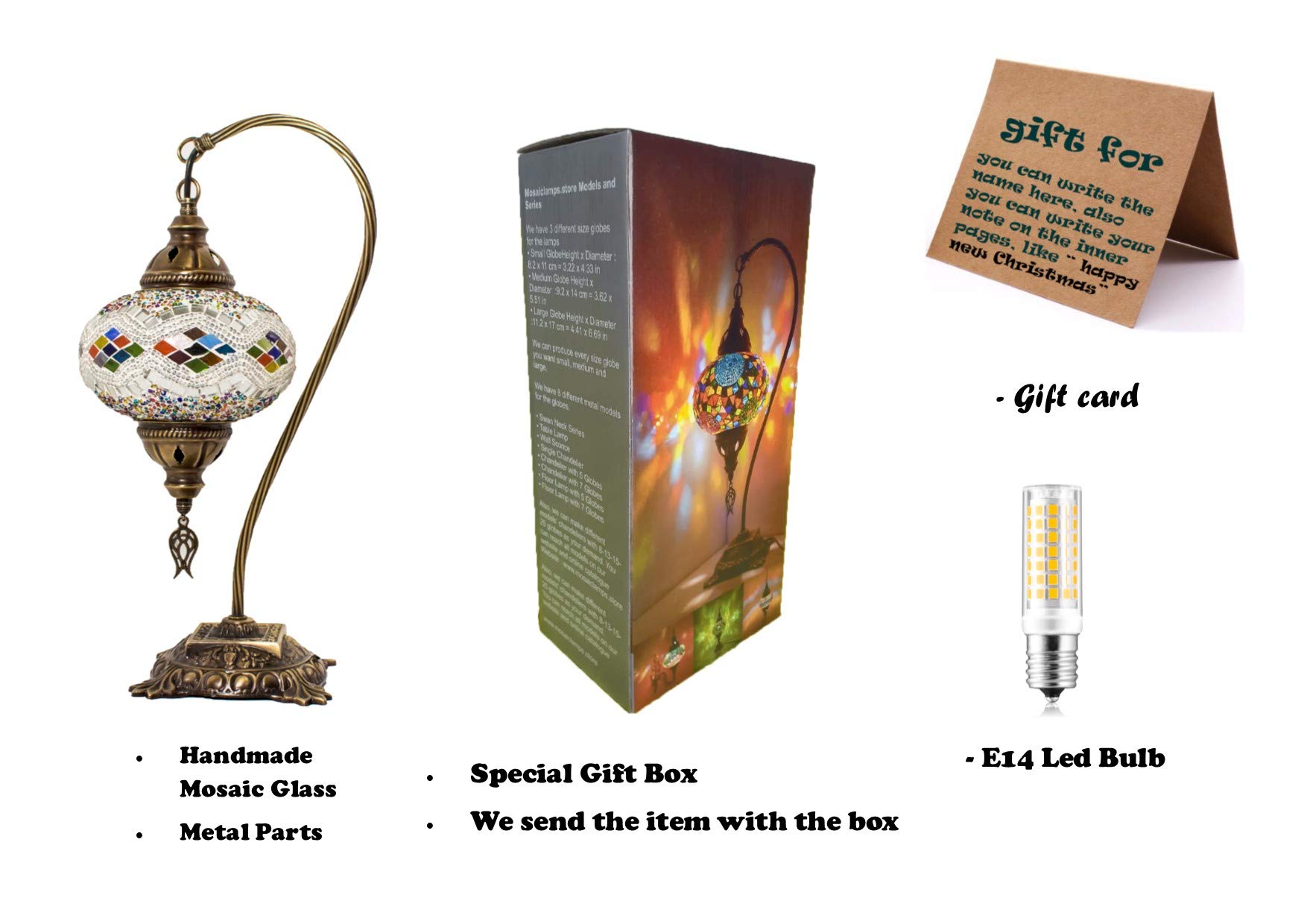 20 Styles Handmade Turkish Mosaic Table Lamp - Decorative Moroccan Stained Glass Lamp with LED Bulb - Rustic Home Decor for Living Room, Bedroom & Office Gift (Special Box Included)