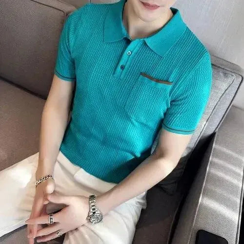 Men's Knitted Lapel Short Sleeve Polo Shirt - Breathable Casual Summer Top for Golf, Office & Outdoor Activities