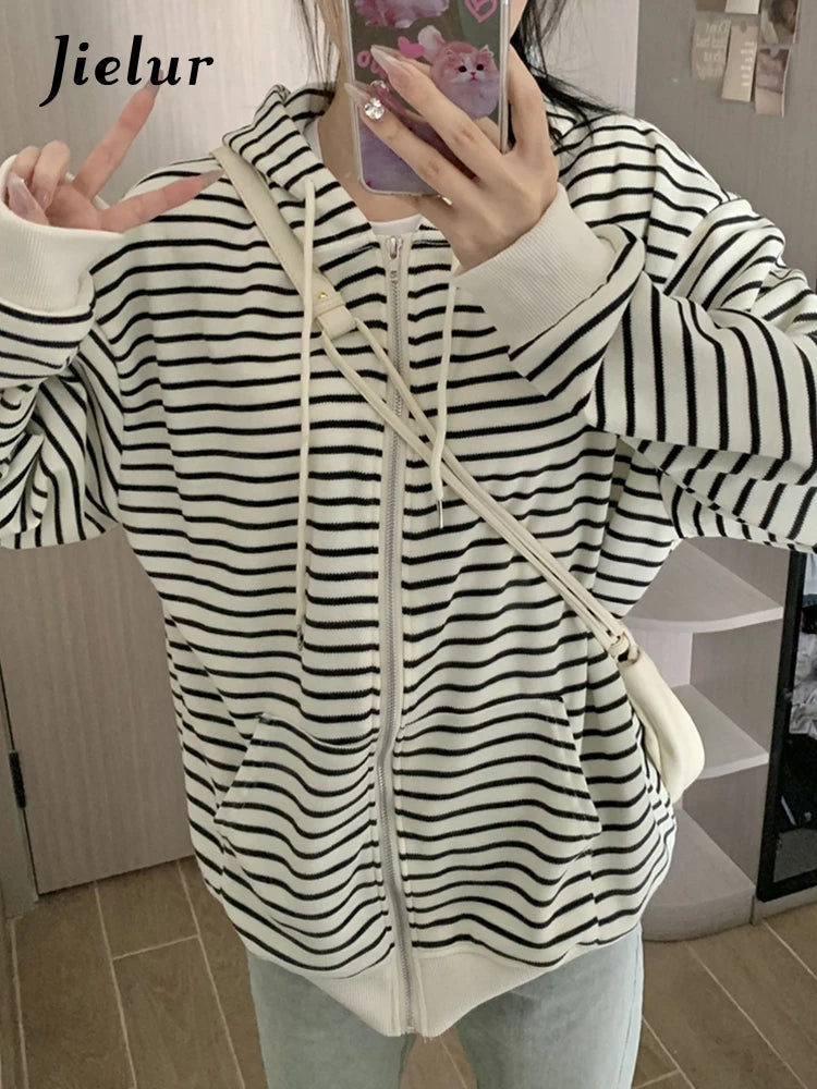 Stylish Striped Zip-Up Hoodie for Women - Trendy Loose Fit Casual Sweatshirt with O-Neck Design | Perfect for Streetwear, Gym, and Everyday Fashion