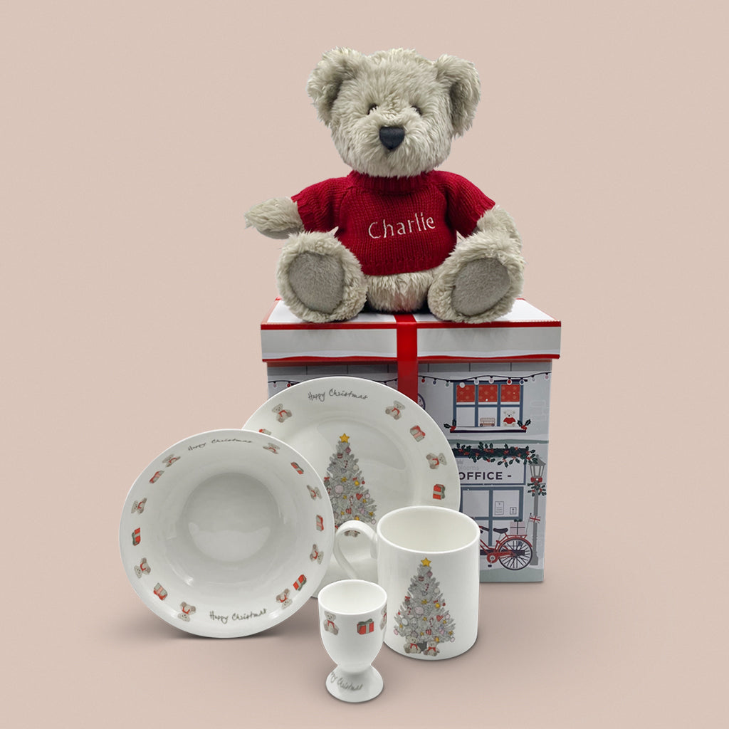 Personalized Berkeley Bear Christmas Morning Breakfast Set - Red Plaid Design for Holiday Dining & Gift Giving - Perfect for Christmas Breakfast, Brunch, and Festive Family Gatherings