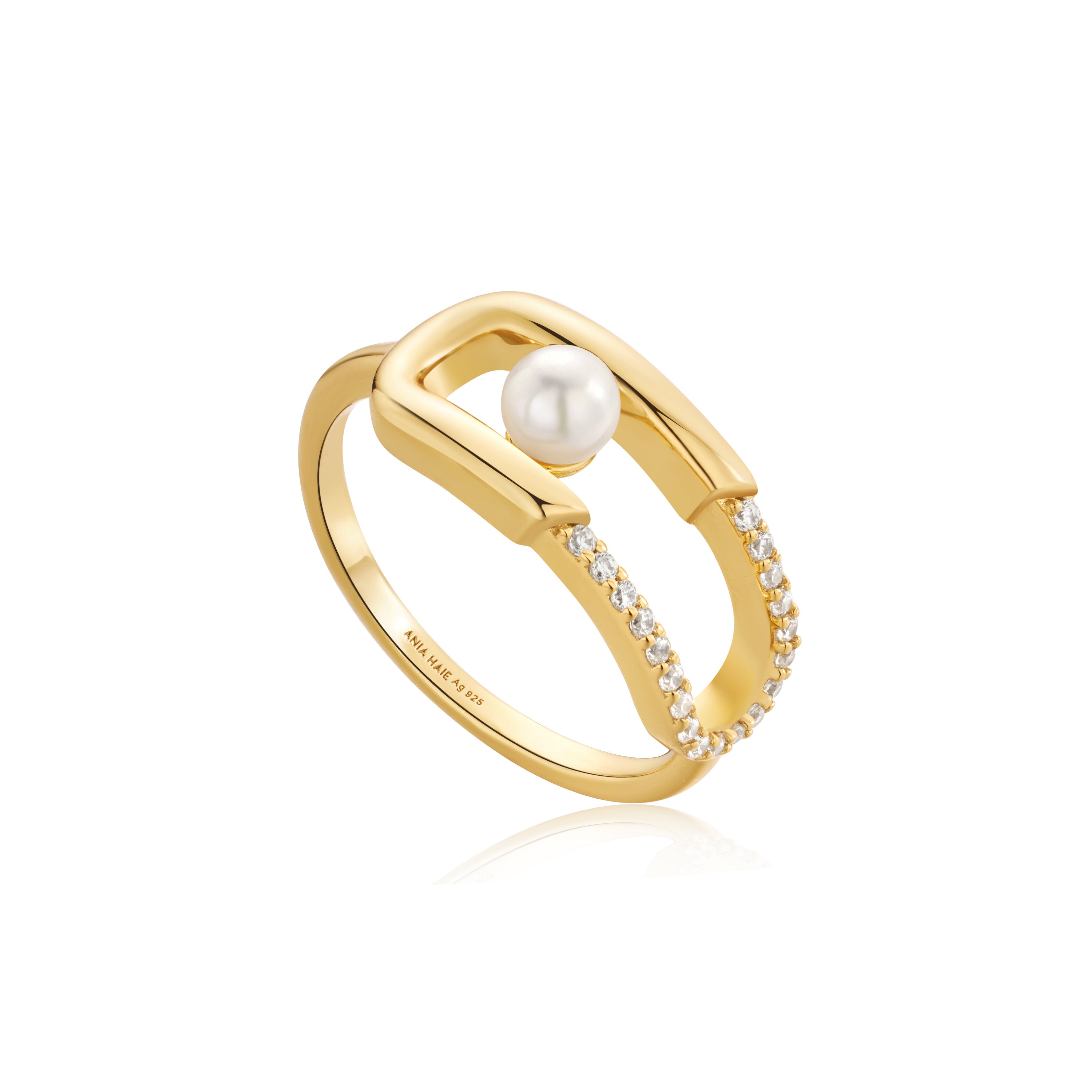 Gold Shell Pearl Sparkle Interlock Ring - Elegant Stackable Jewelry for Women | Perfect for Weddings, Anniversaries & Special Occasions
