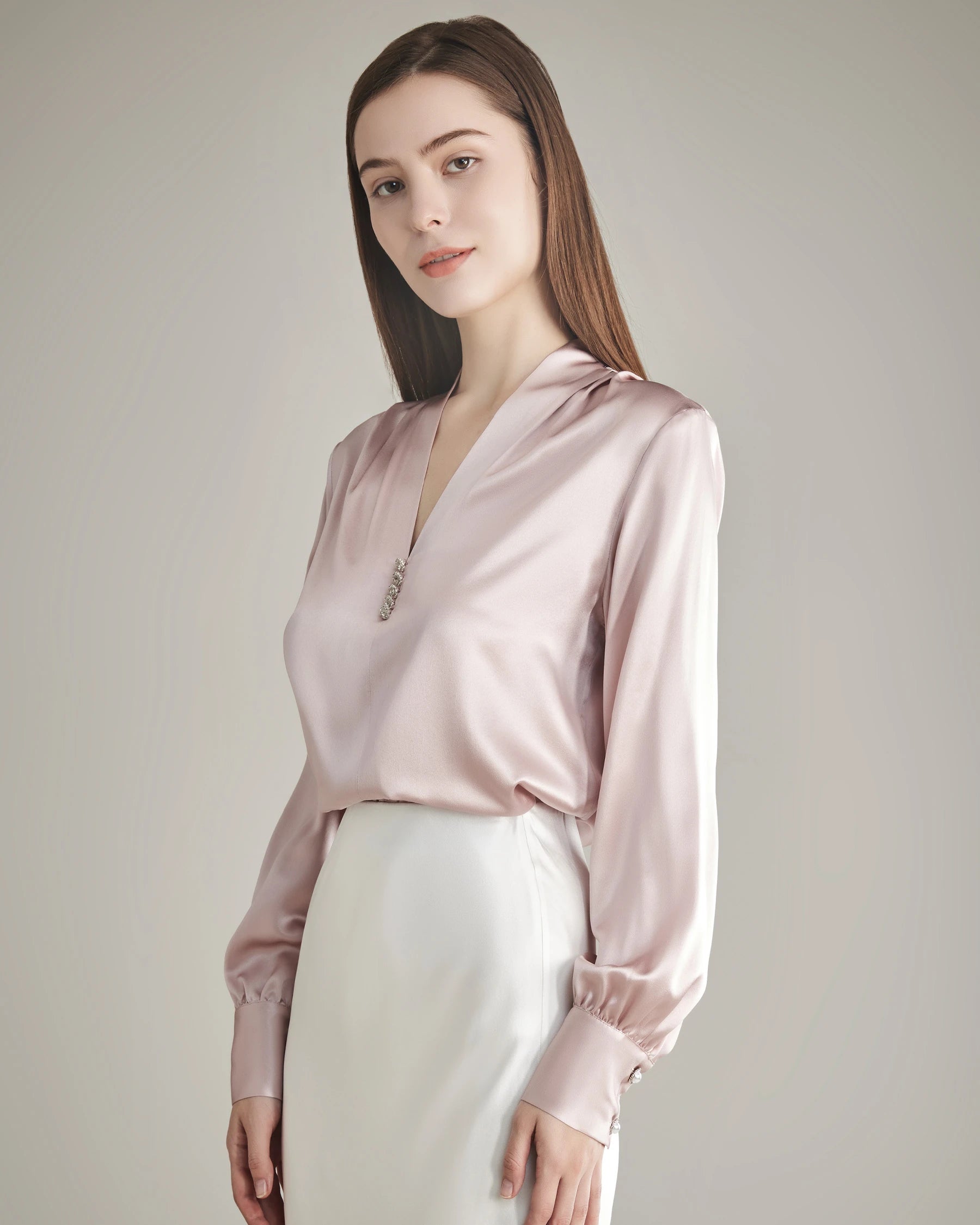 Elegant Women's Rhinestone Buttons Silk Blouse - Formal & Party Wear for Office, Dinner & Special Occasions