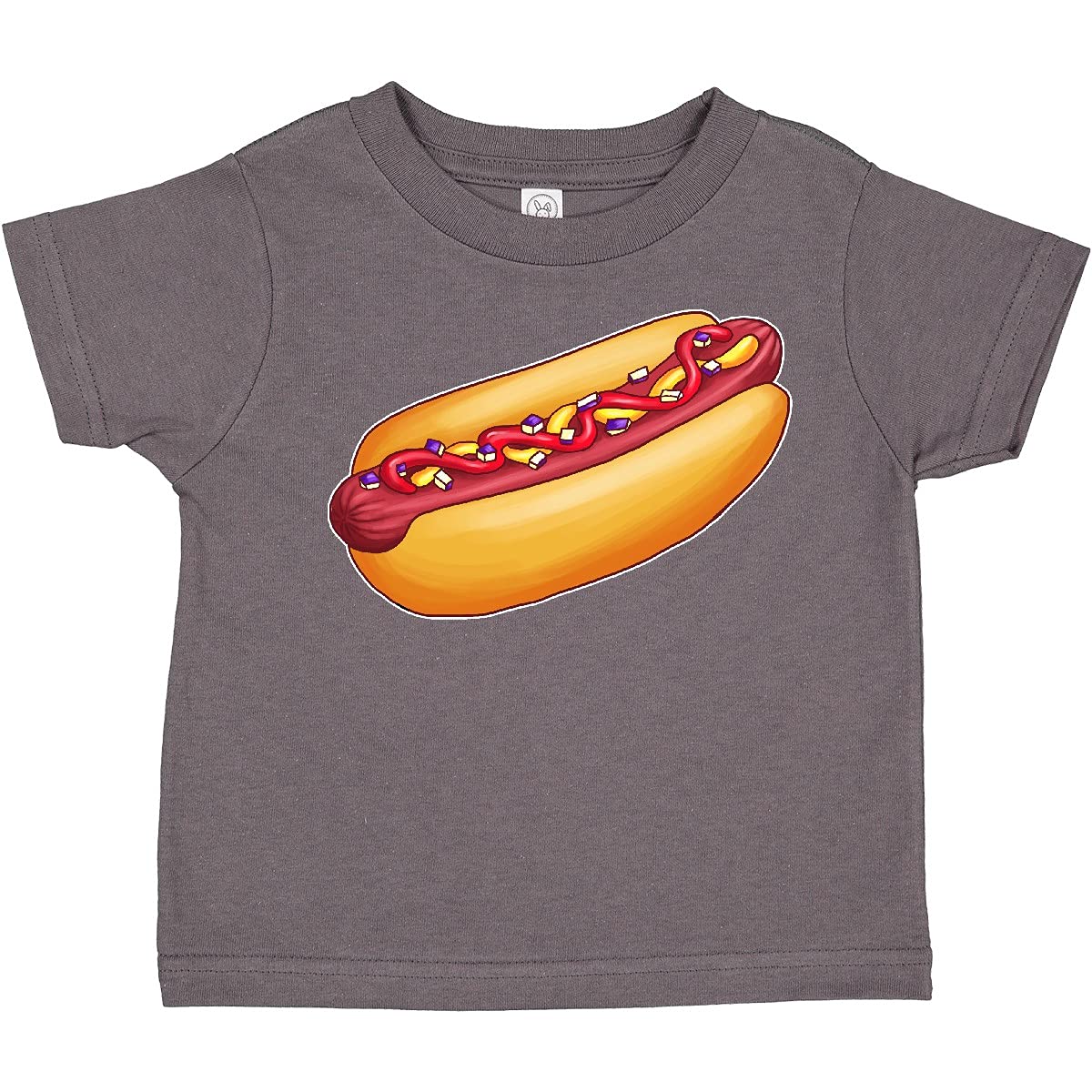 Inktastic Hot Dog Graphic Toddler T-Shirt with Mustard, Onions & Ketchup - Cute Foodie Outfit for Toddlers, Birthday Parties & Family BBQ Events