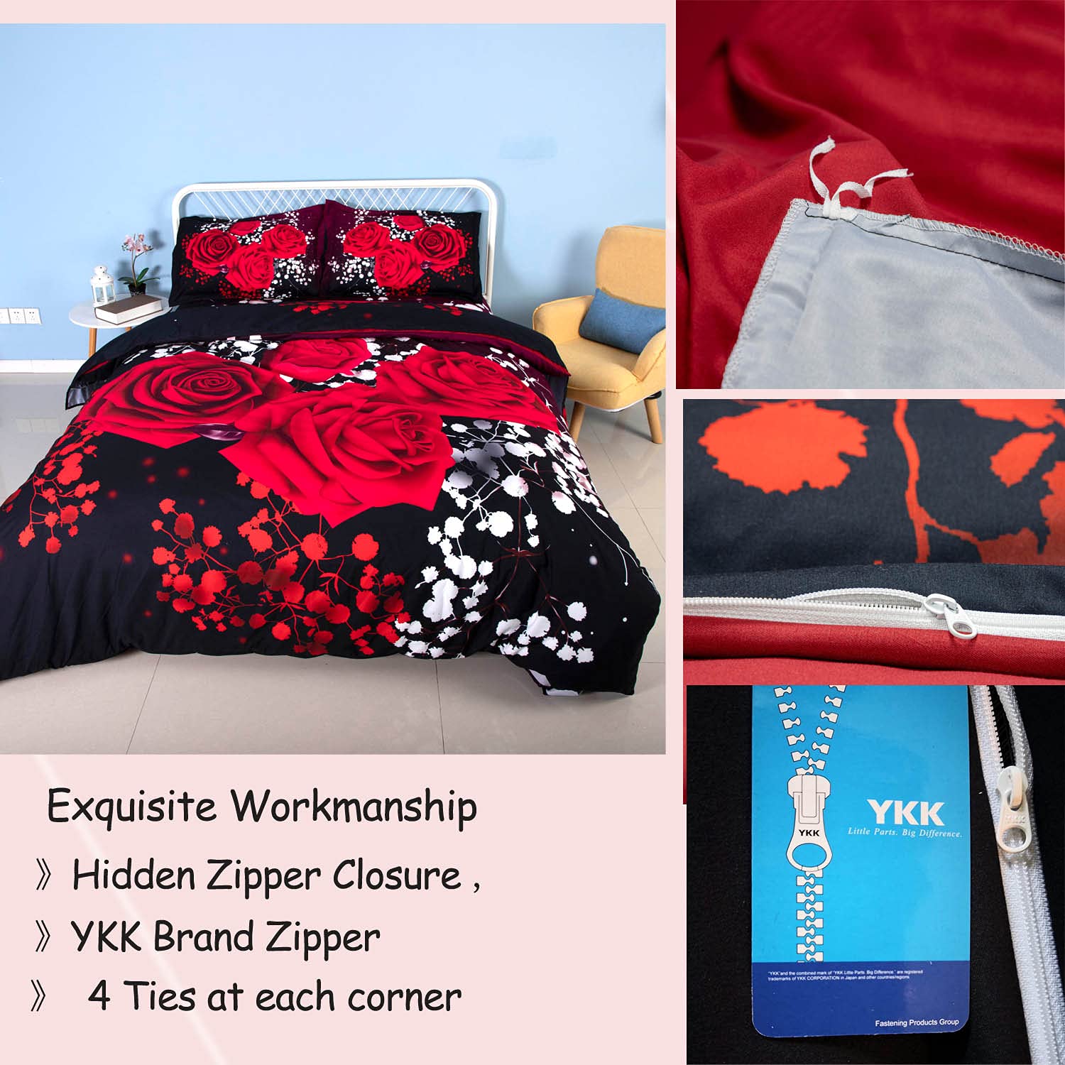 5-Piece 3D Rose Floral Duvet Cover Set King Size - Red Rose Wedding Bedding Includes 1 Duvet Cover, 1 Flat Sheet, 1 Fitted Sheet & 2 Pillow Shams - Luxury 3D Floral Bedspread for Romantic Bedroom Decor