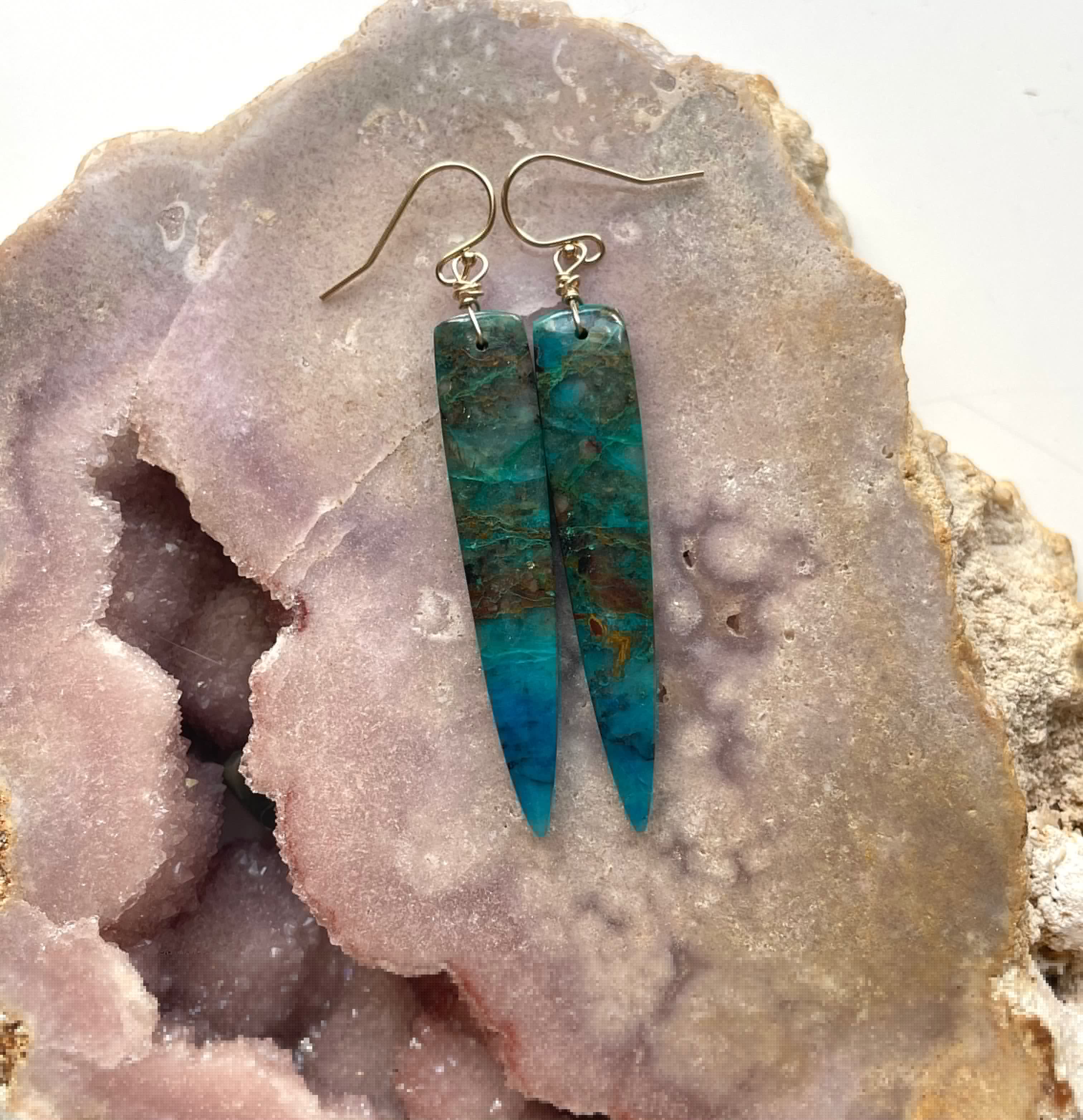 Stunning Chrysocolla Gold Filled Statement Earrings with Crystal Gemstones | Elegant Jewelry for Women | Perfect for Parties, Weddings & Special Occasions