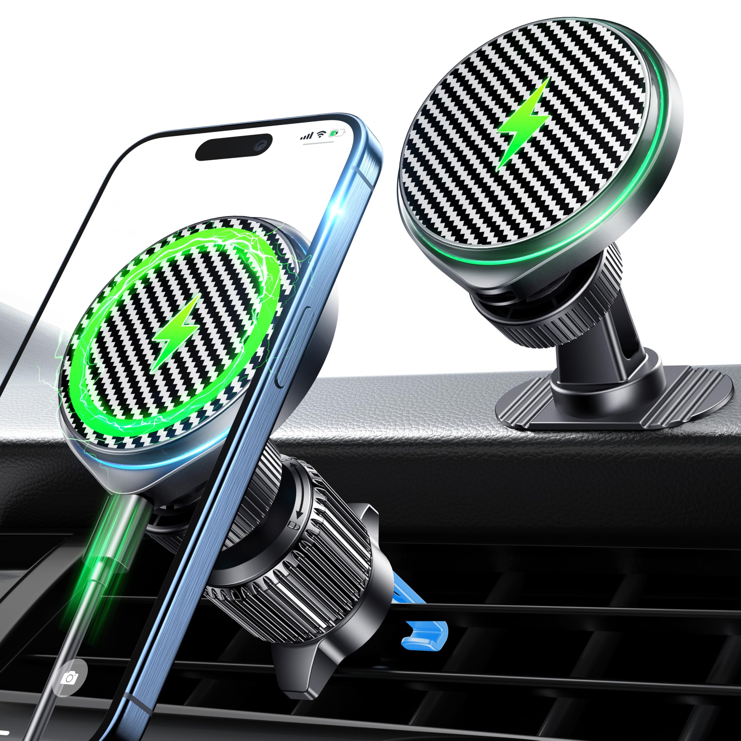 15W MagSafe Car Charger - Fast Wireless Charging & Ultra Magnetic Phone Holder for iPhone 15/14/13/12 Pro Max & Android - Dashboard/Vent Mount - Perfect for Road Trips & Commuting