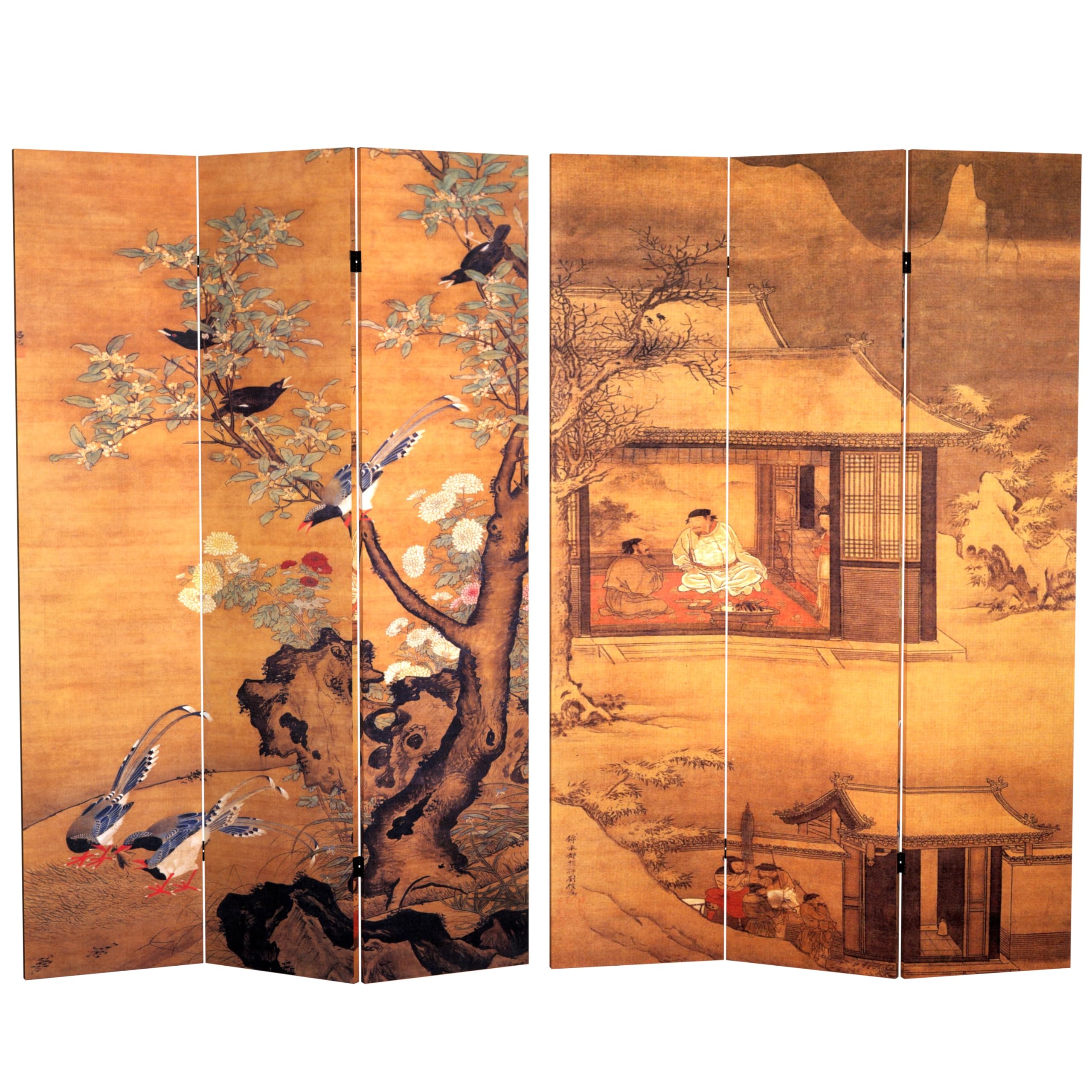 6 ft. Tall Double Sided Chinese Landscape Canvas Room Divider - Handcrafted Oriental Folding Screen with Brown Wood Frame | Perfect for Home Decor, Office Partition & Asian-Themed Spaces