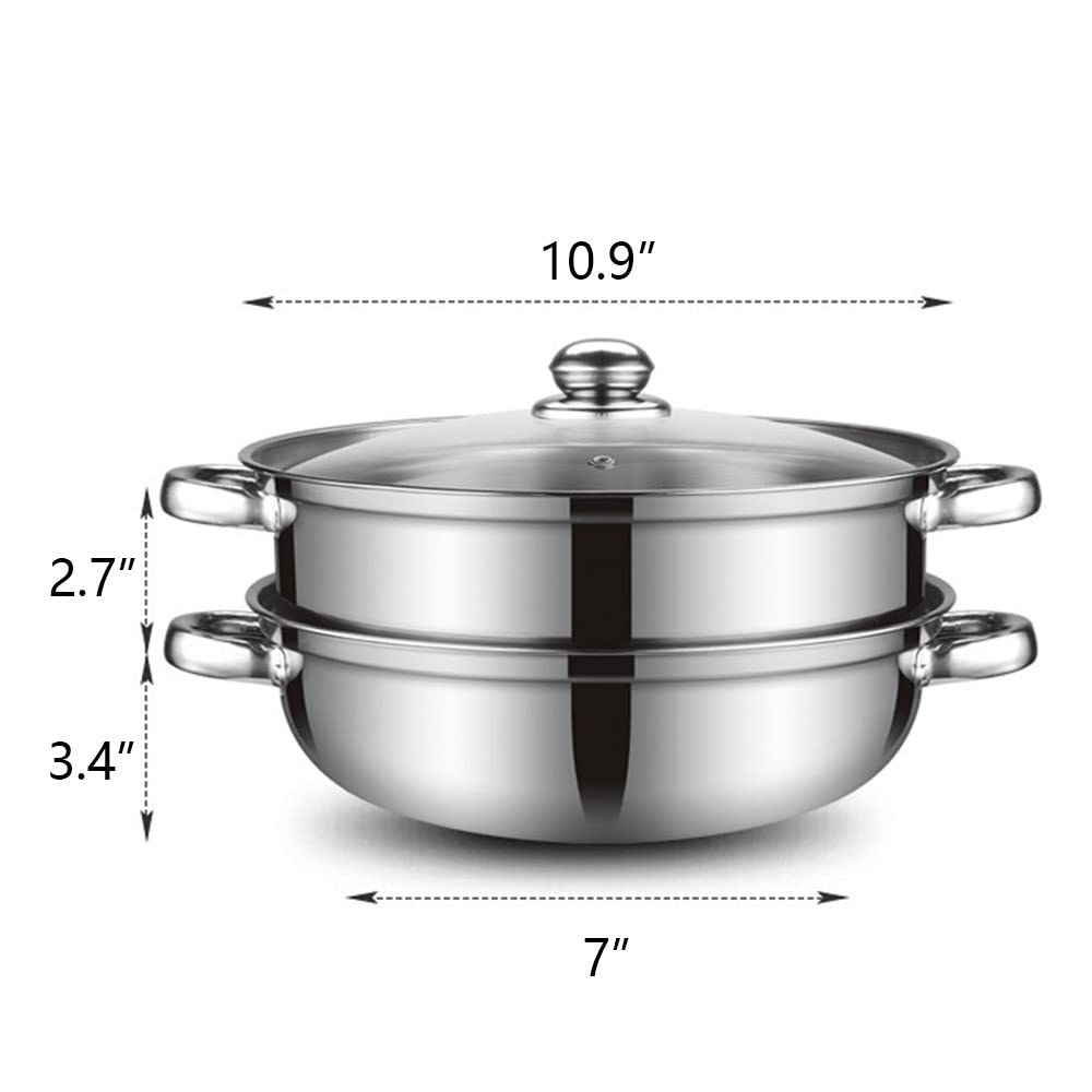 11 Inch Stainless Steel Steamer Pot - 2-Tier 18/8 Multipurpose Cookware with Lid for Vegetables, Dumplings, Stocks & Sauces | Perfect for Healthy Cooking, Meal Prep & Asian Cuisine