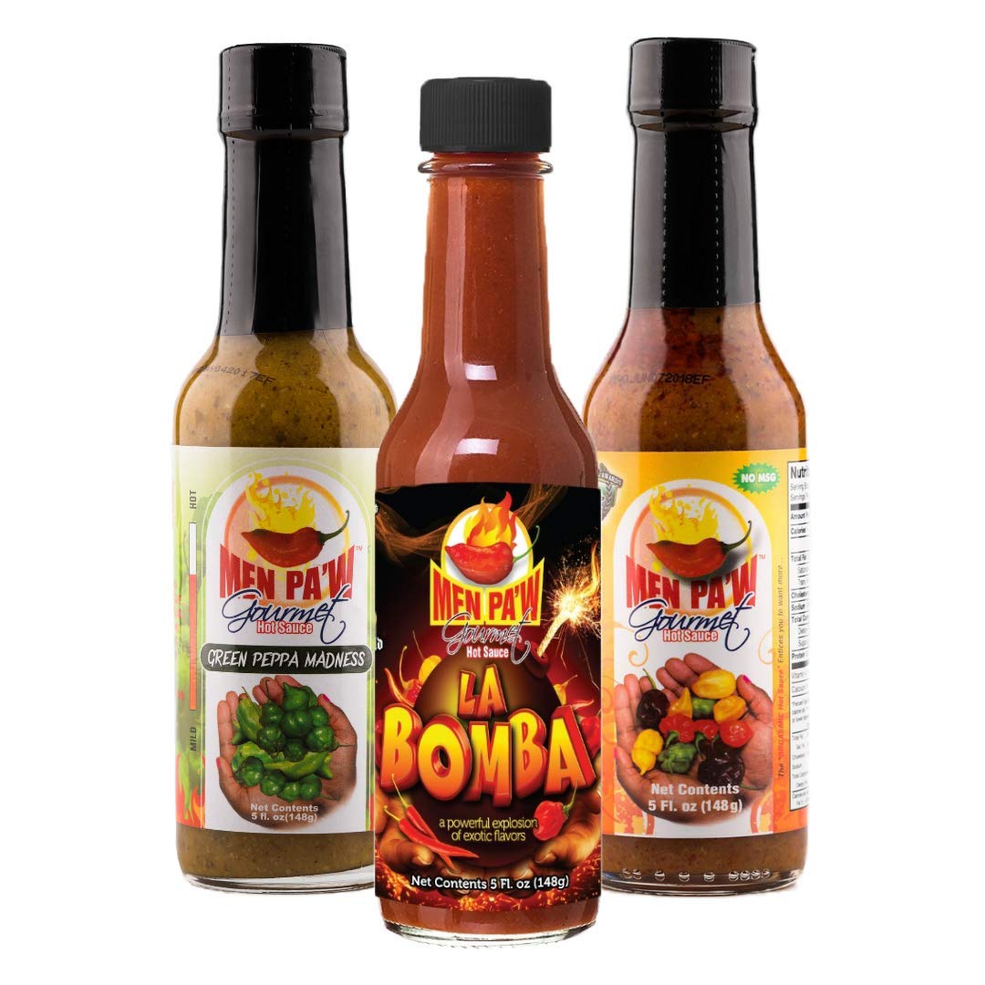 Authentic Men Pa'w Gourmet Hot Sauce Trio - Red Sauce, Green Peppa Madness & La Bomba - 8 oz Each (3-Pack) | Perfect for Tacos, Wings & BBQ | Spicy Gourmet Condiment Gift Set