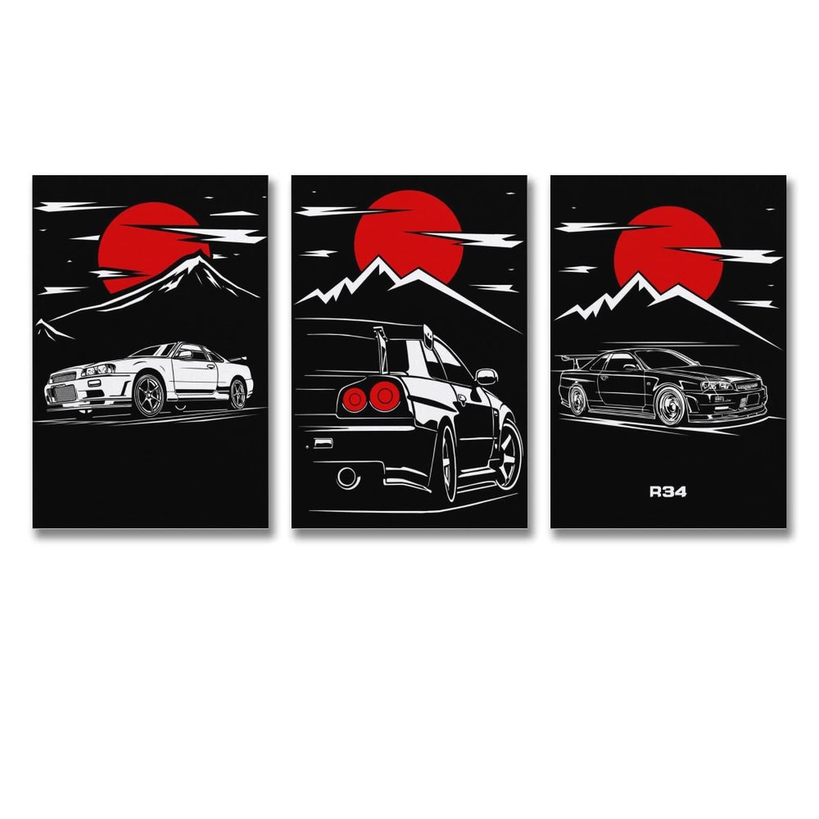 NUOTI JDM Car Sports R34 Coupe 3-Panel Canvas Wall Art Poster - 20x30cm (8x12inch) Modern Home Decor for Living Room, Bedroom, Game Room & Man Cave