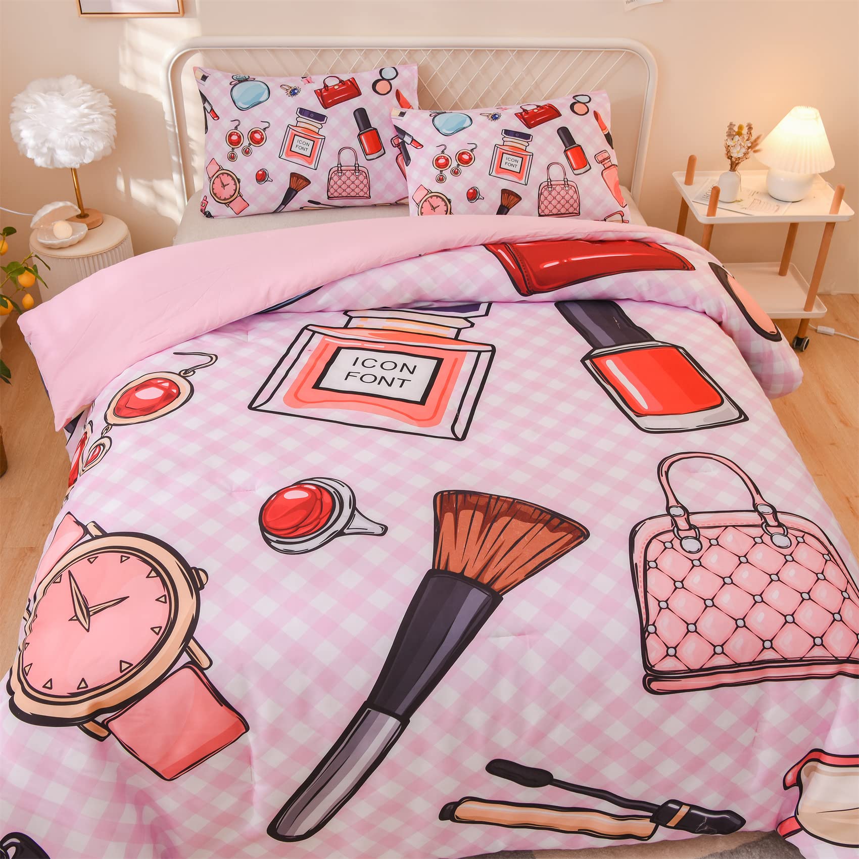 Pink Makeup Theme Quilt Set with Pillowcases - Queen Size for Girls Bedroom