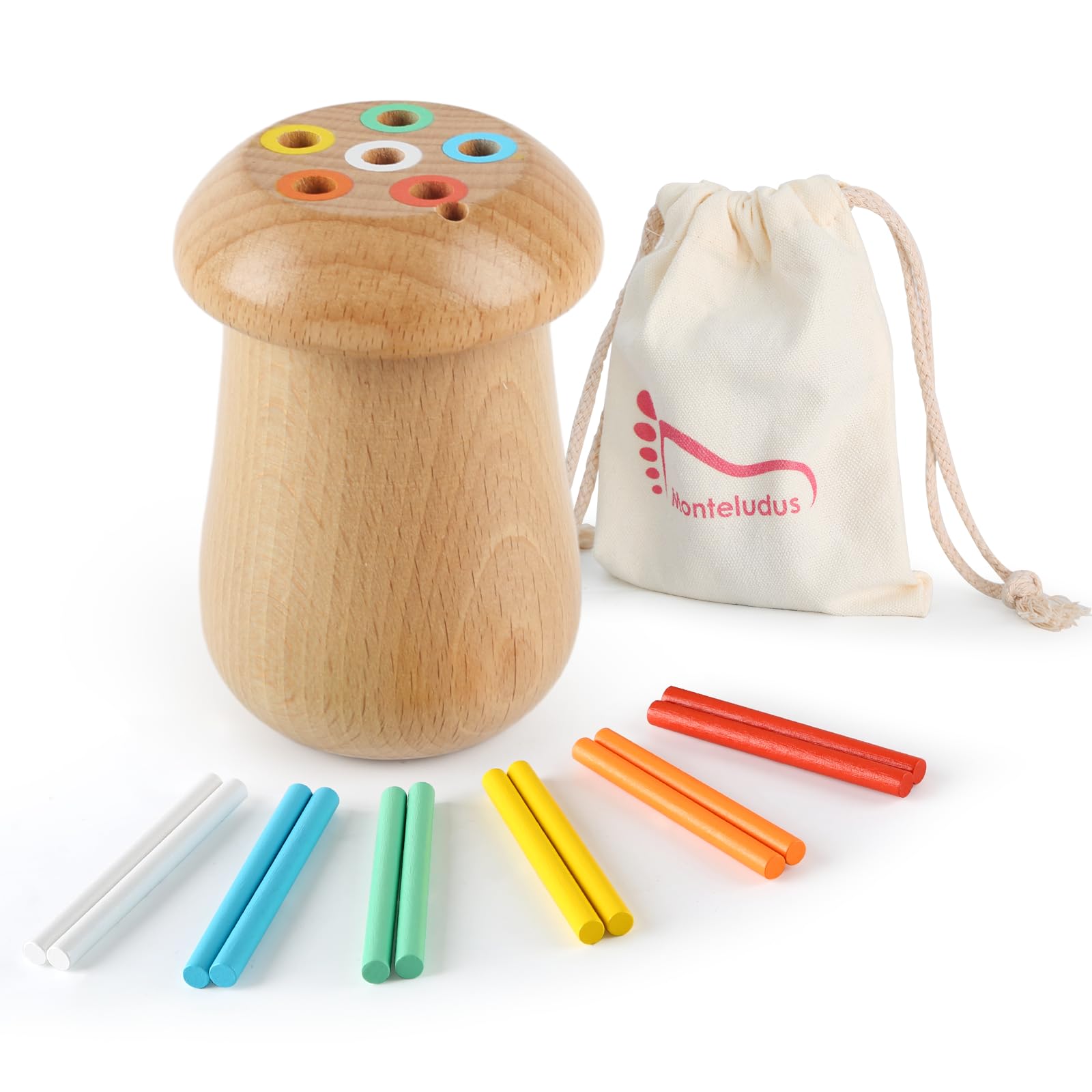 Montessori Wooden Sticks Toys for Kids - 6 Color Sorting Games, Fine Motor Skill Learning Toys for Toddlers 1 2 3 Years Old, Cute Mushroom Shape Sensory Toys - Perfect for Preschool Learning & Early Childhood Development