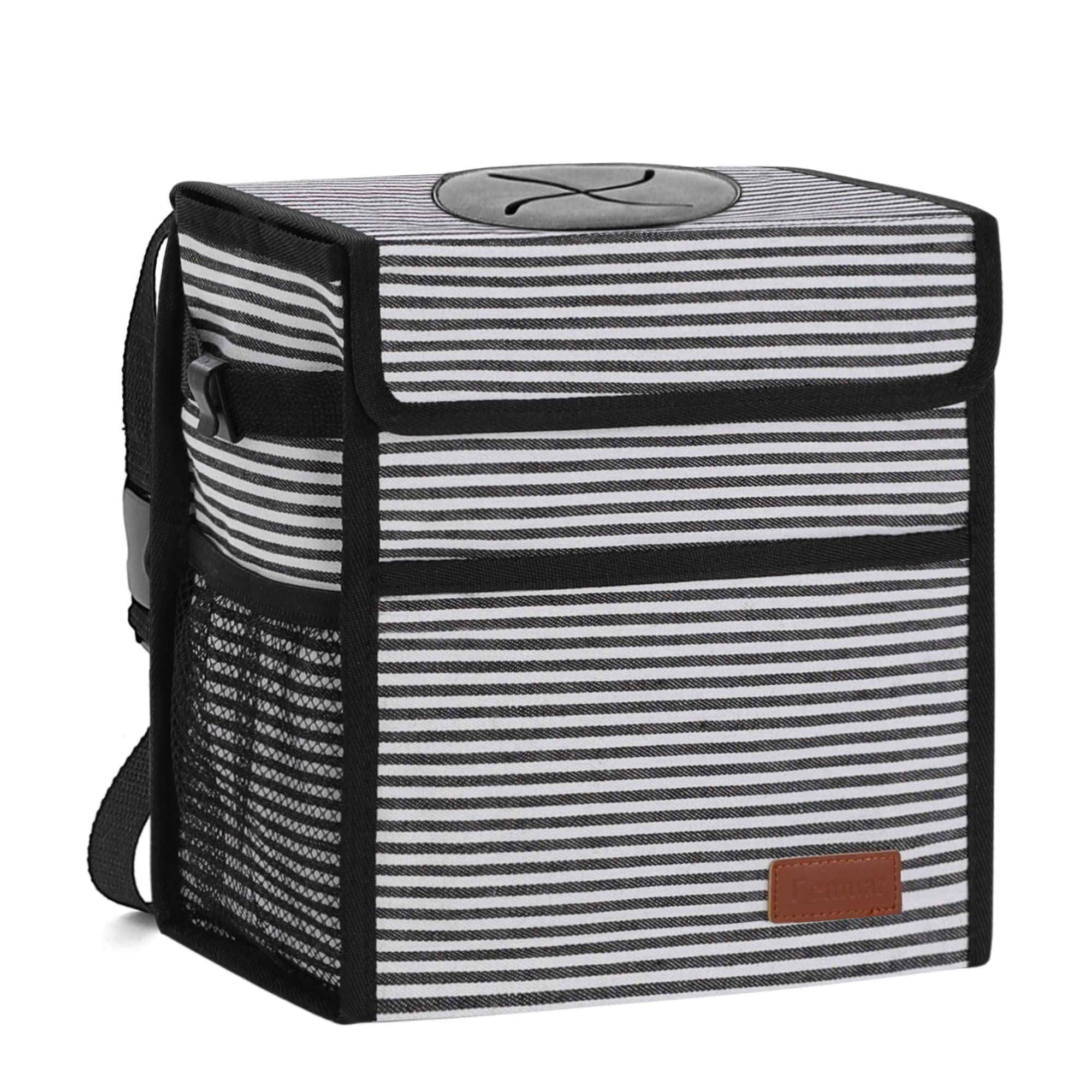 Femuar Leak-Proof Waterproof Car Trash Can with Lid & Storage Mesh Pocket - Large Capacity Vehicle Garbage Bag for Road Trips, Commuting & Family Travel (Stripe Design)