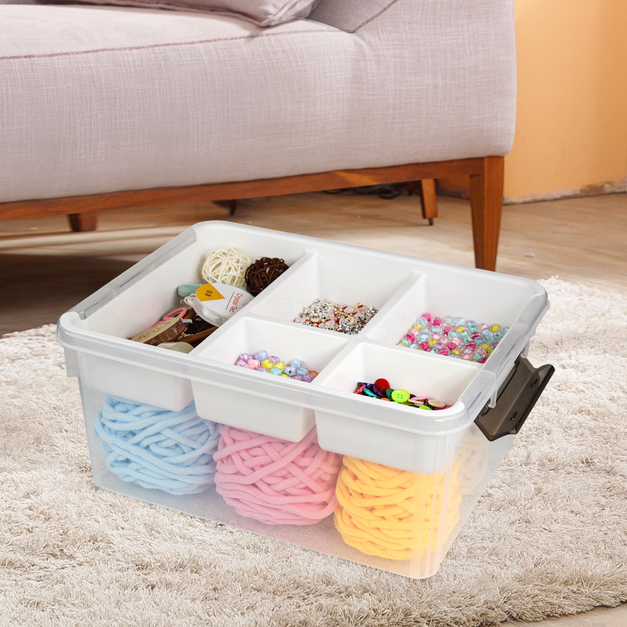2 Pack 17 QT Clear Plastic Storage Bins with Lids - Stackable Organizer Box for Art Supplies, Crafts, Legos, Crayons, Sewing & Beads - Includes Removable Tray for Easy Access - Perfect for Craft Rooms, Playrooms & Home Organization