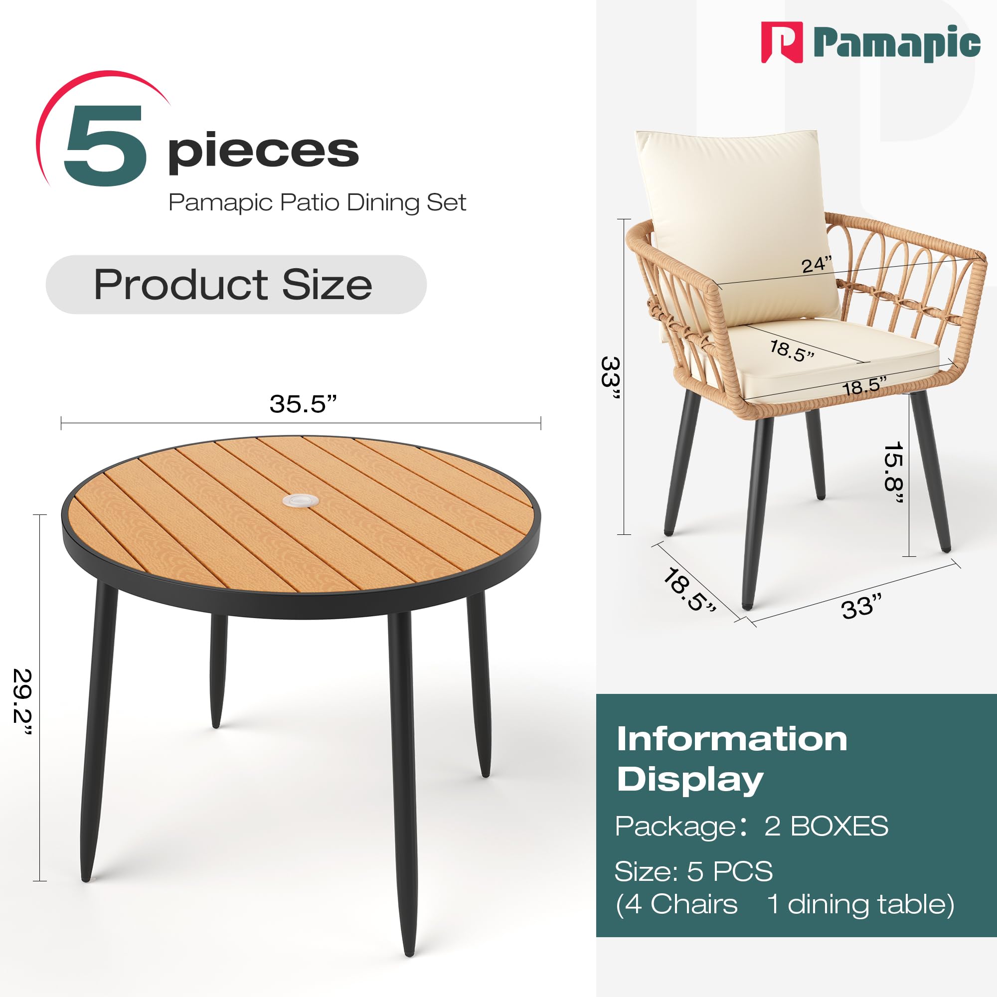 **Pamapic 5-Piece All-Weather PE Rattan Patio Dining Set with Wood Table Top & Removable Cushions - Outdoor Furniture for Lawn, Garden, Backyard, and Poolside (Cream)**