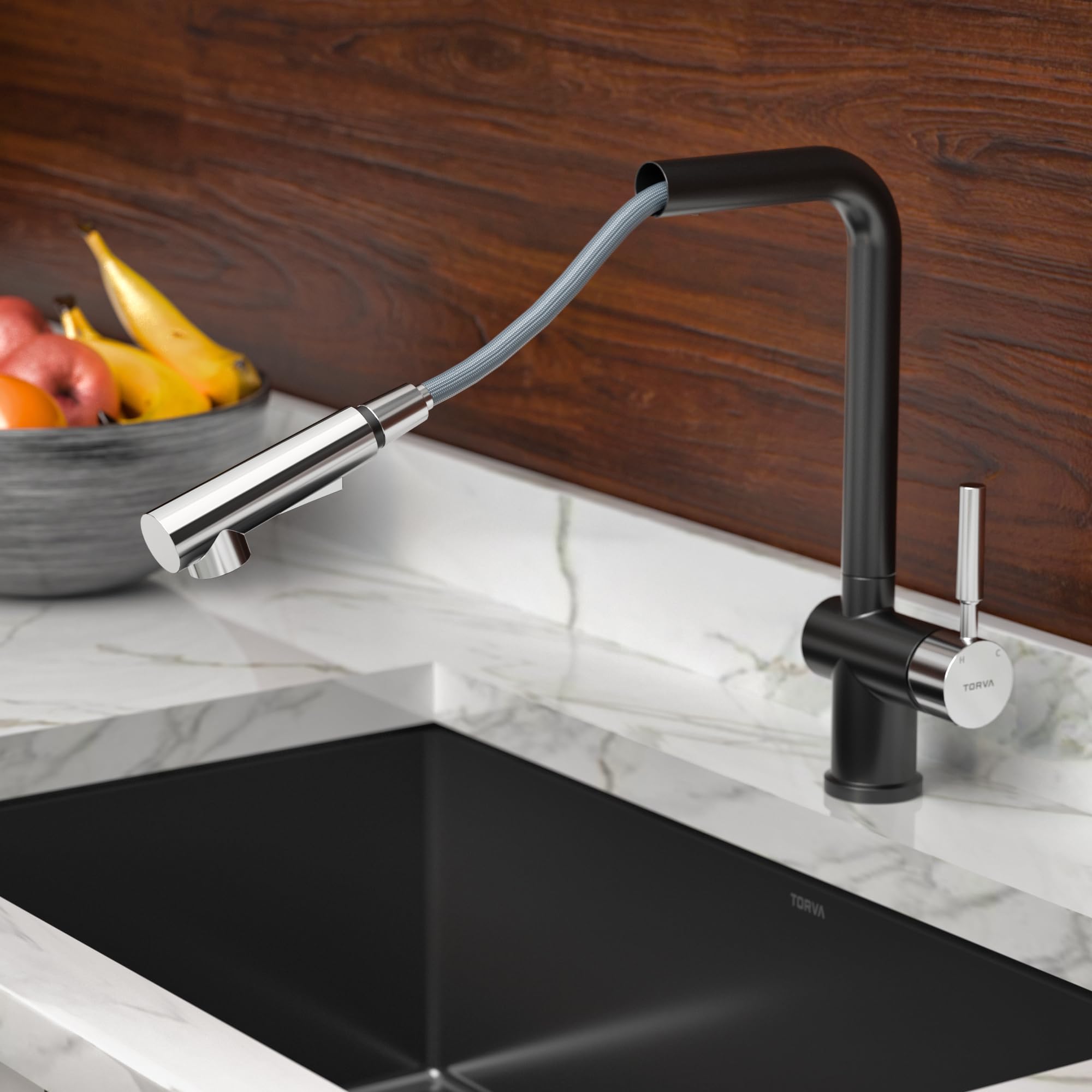 TORVA Stainless Steel Pull Down Kitchen Faucet with Pull Out Sprayer - Single Handle Deck Plate in Matte Black & Chrome | Modern Sink Faucet for Home & Commercial Kitchens