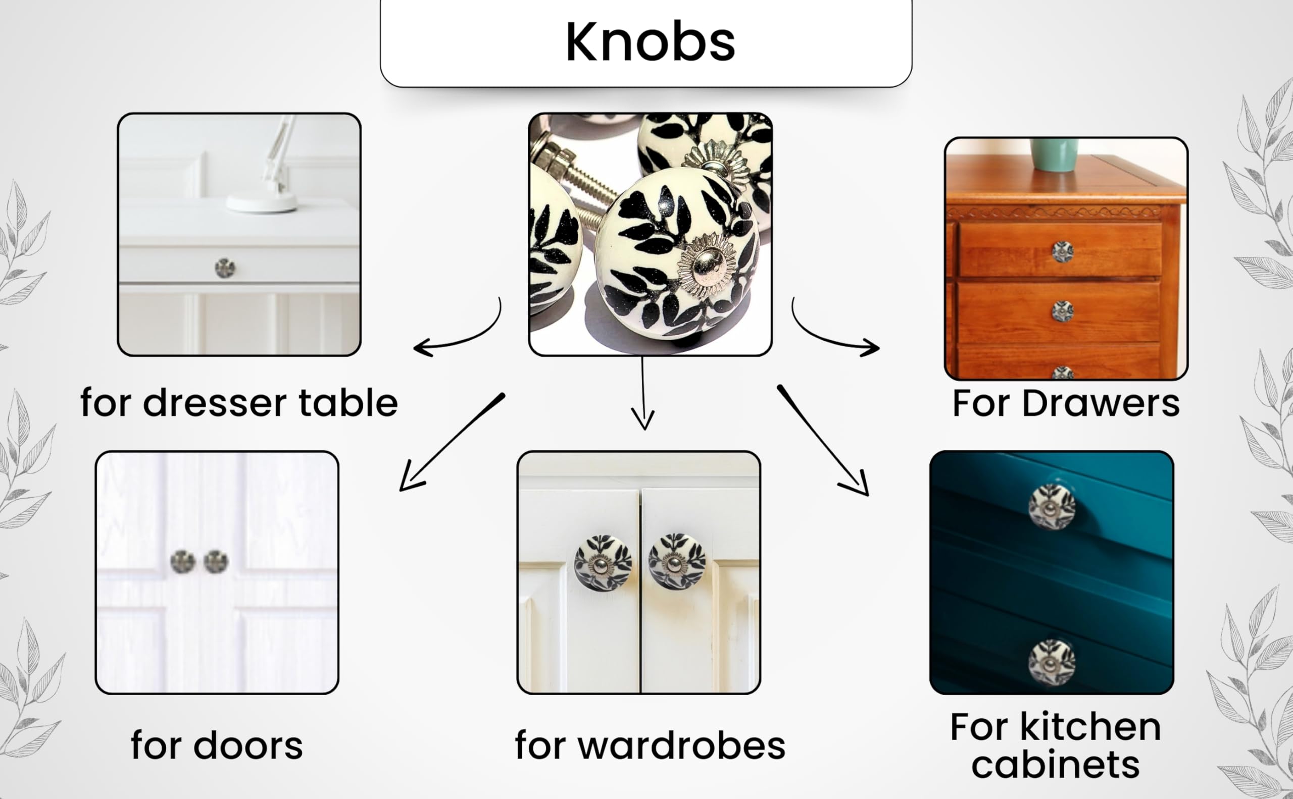 Set of 6 Unique Handmade Ceramic Drawer Knobs - Modern Black & White Floral Cabinet Hardware for Dressers, Kitchen Cabinets & DIY Furniture Projects (Countryside Style 4)