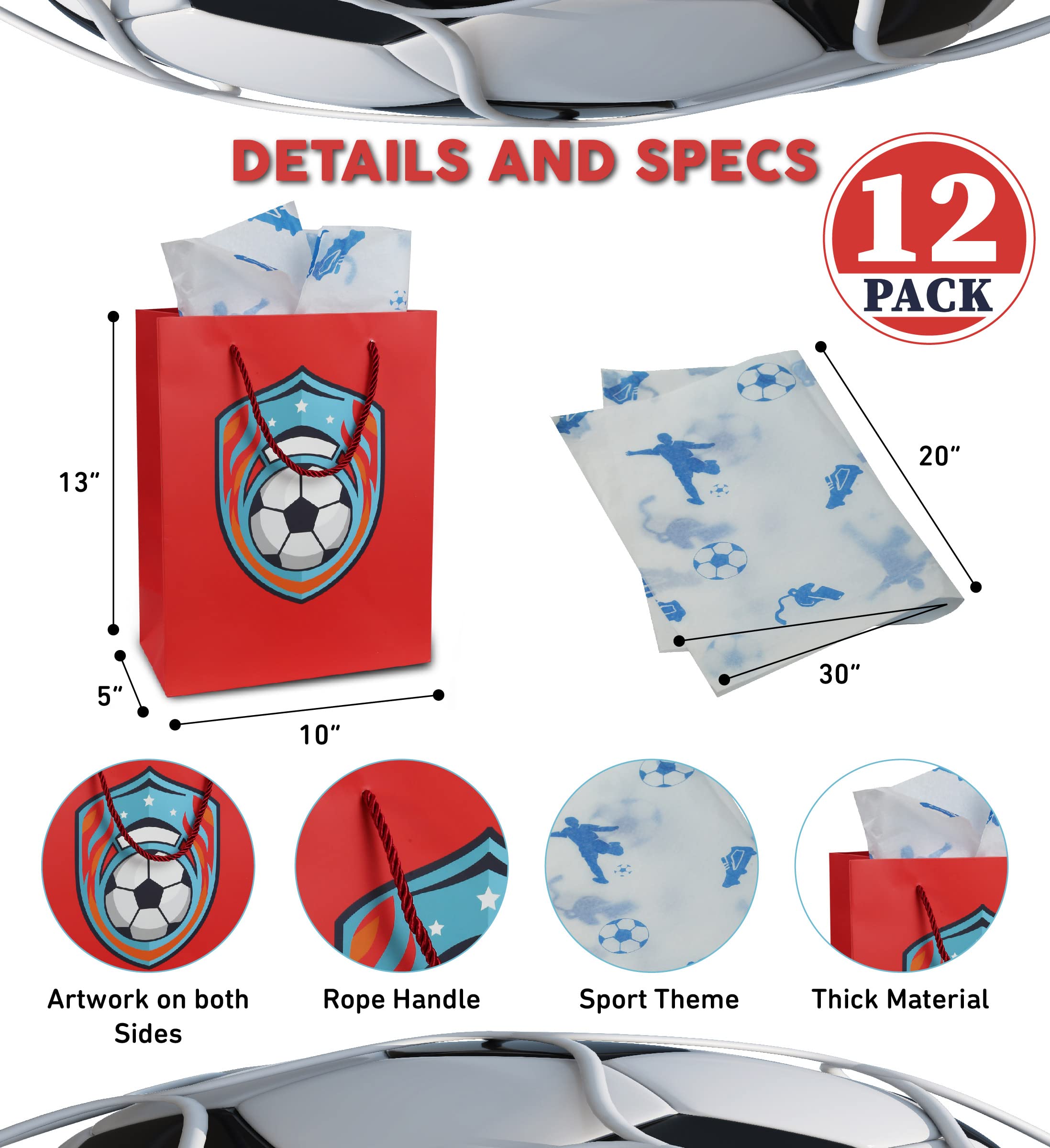 DolliBu Premium Reusable Soccer Gift Bags with Tissue Paper - 12 Pack Large Red Sports Gift Bags with Handles for Birthday Party Favors, Team Gifts & Soccer Events (13 Inch) - Perfect for Kids, Players & Coaches