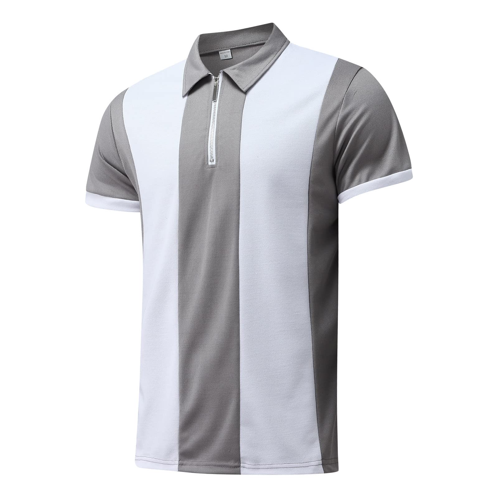 QWENTMTNTY Men's Slim Fit Short Sleeve Polo Shirts with Zipper Turn-Down Collar - Casual Striped Printed T-Shirts for Work, Golf & Summer Outings